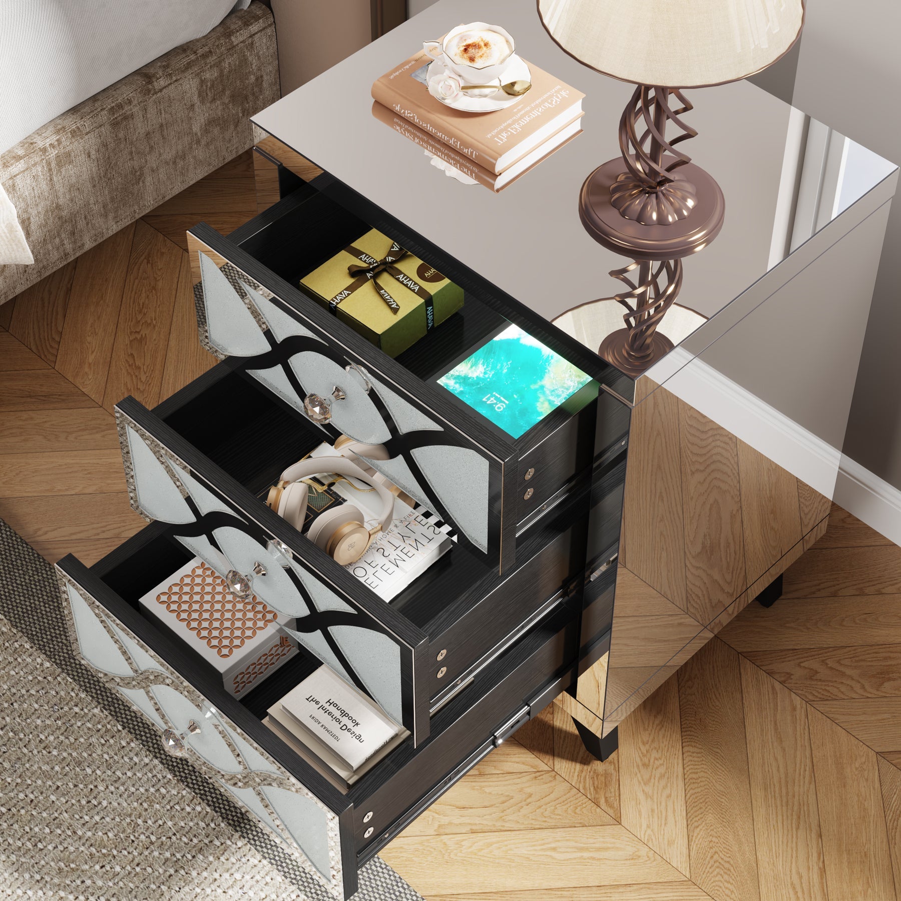 Mirrored Nightstand with 3 Drawers, Modern Bedside Table for Bedroom