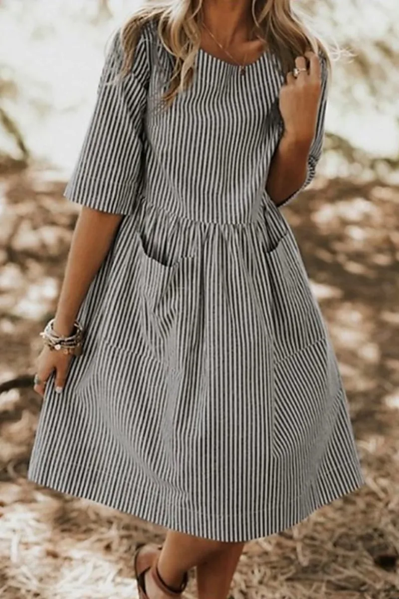 Casual Striped Pocket O Neck The MIDI Dress Dresses