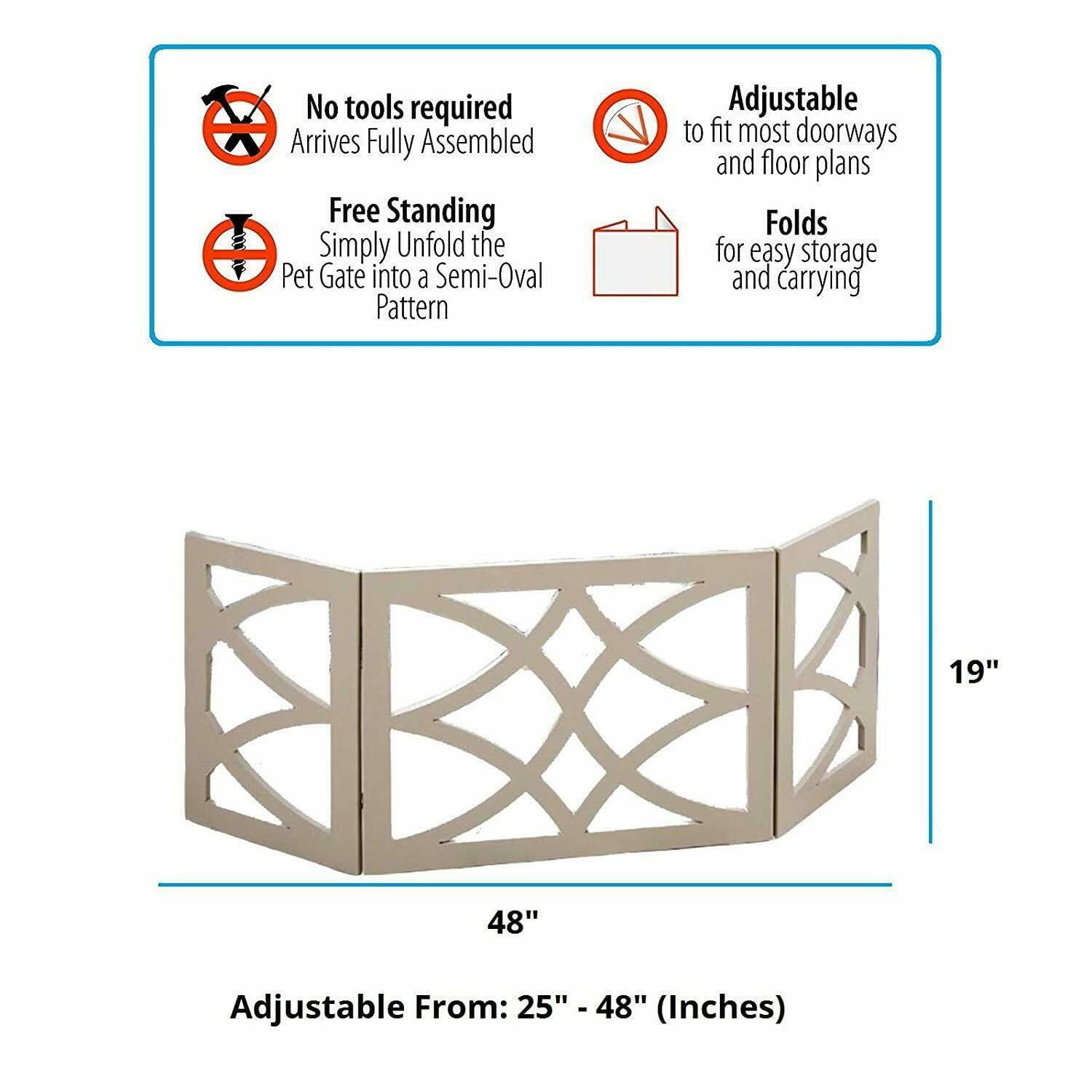 Gray Wood Pet Dog Gate Foldable Adjustable 3-Section Freestanding Extra Wide. Keeps Pets Safe Indoors/Outdoors - Fully Assembled