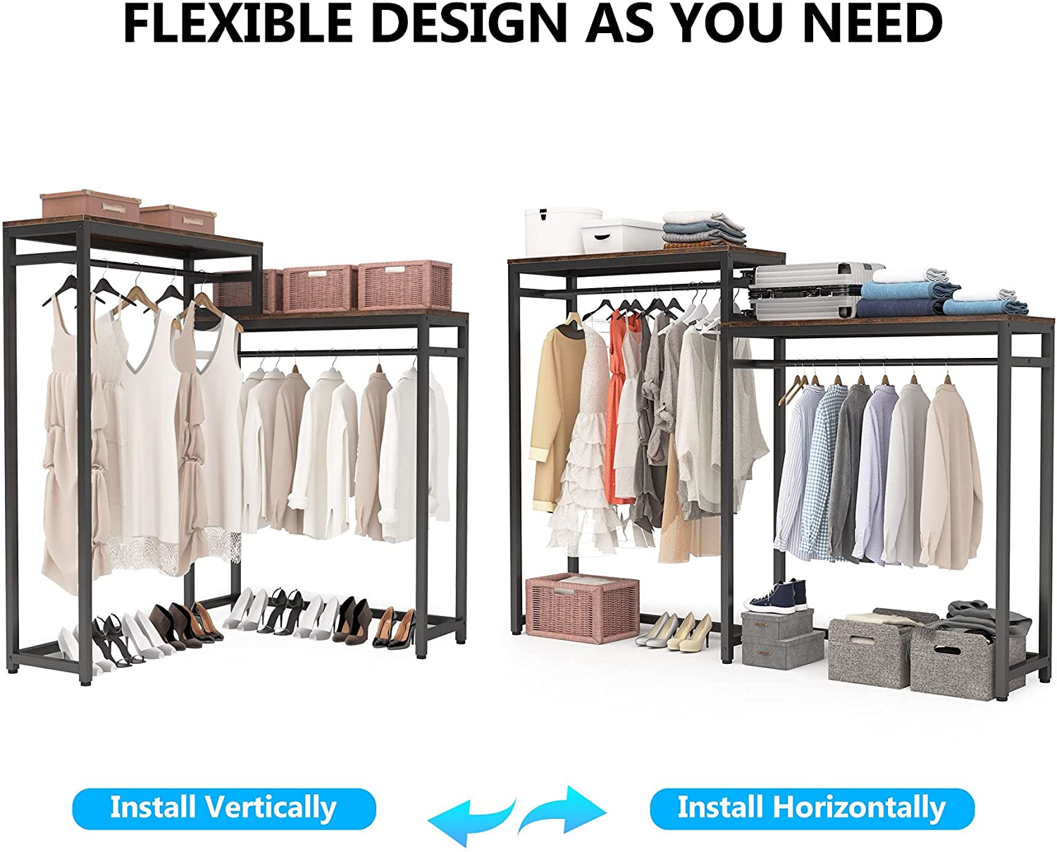 Freestanding Closet Organizer with Shelves and Double Hanging Rod