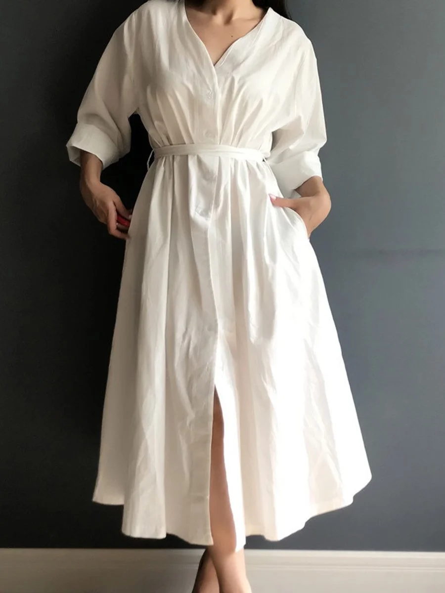 Women's Solid Color V-Neck Tie Pleated Loose Cotton Linen Dress