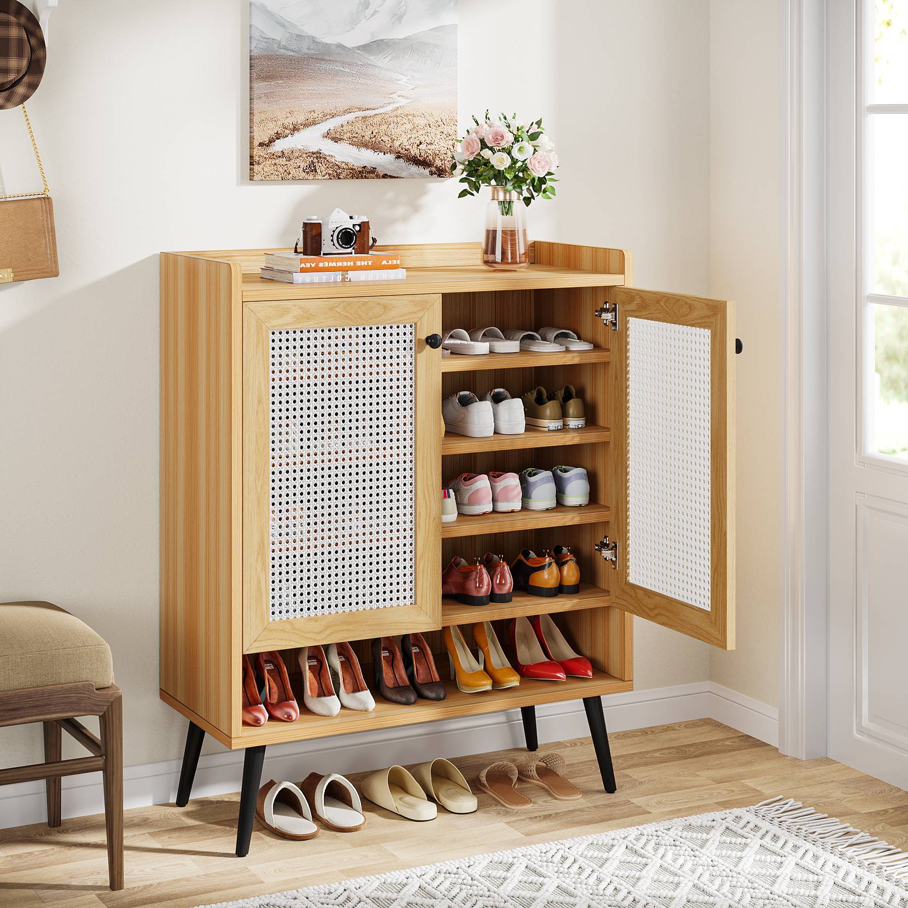 Rattan Shoe Cabinet Shoe Rack Organizer with Removable Shelves