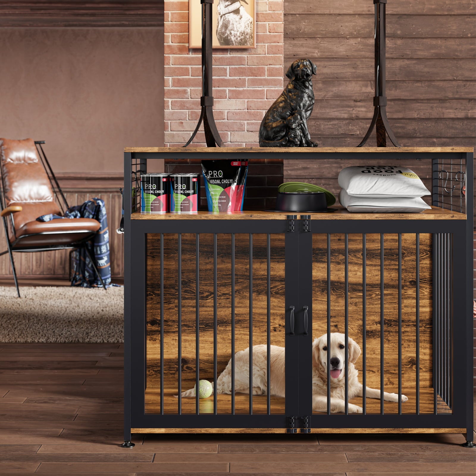 LILYPELLE Dog Crate Furniture， Heavy Duty Dog Cage Indoor Dog Kennel Furniture Style， Double Doors Dog House for Small/Medium/Large Dog
