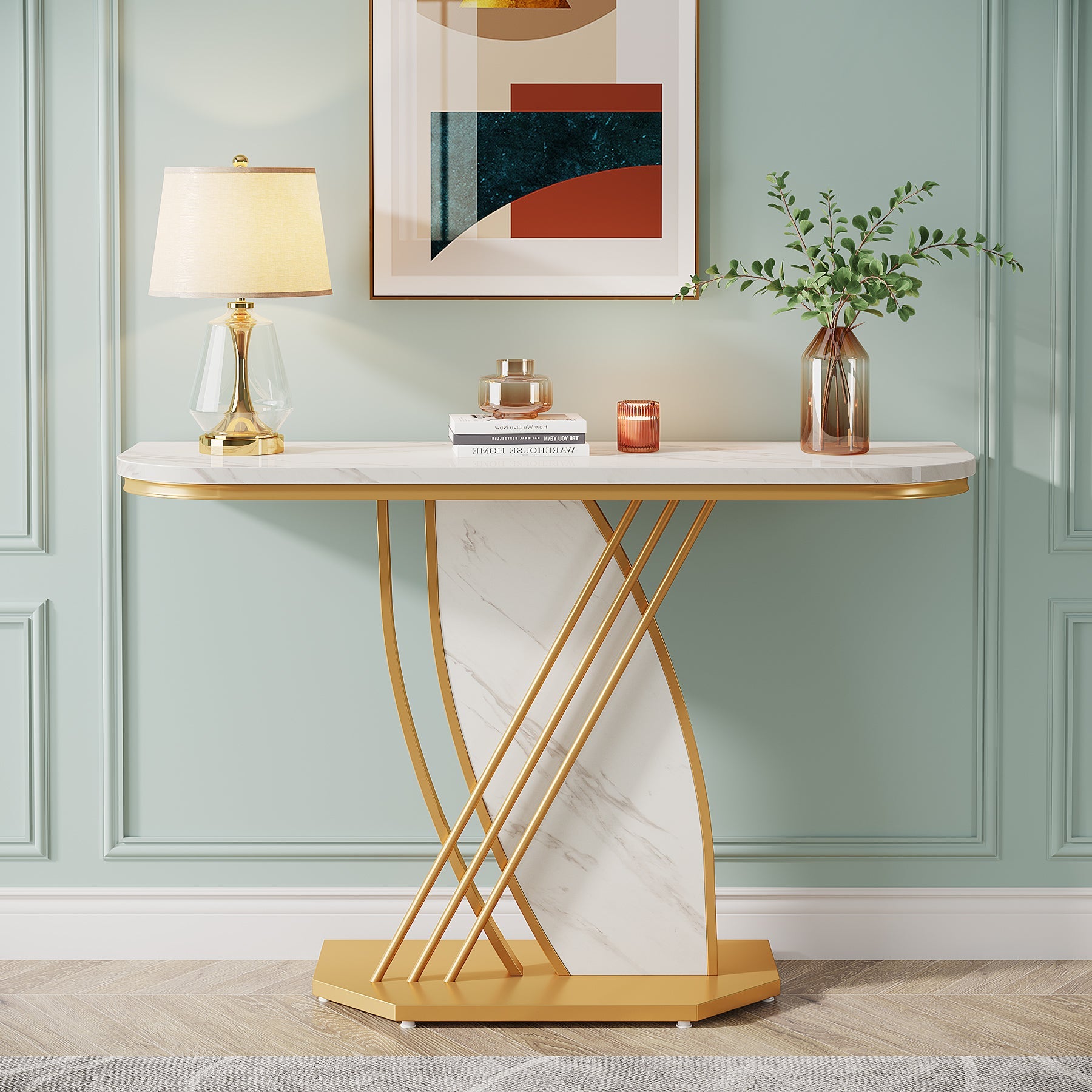 Modern Console Table, Faux Marble Sofa Table with Geometric Metal Legs