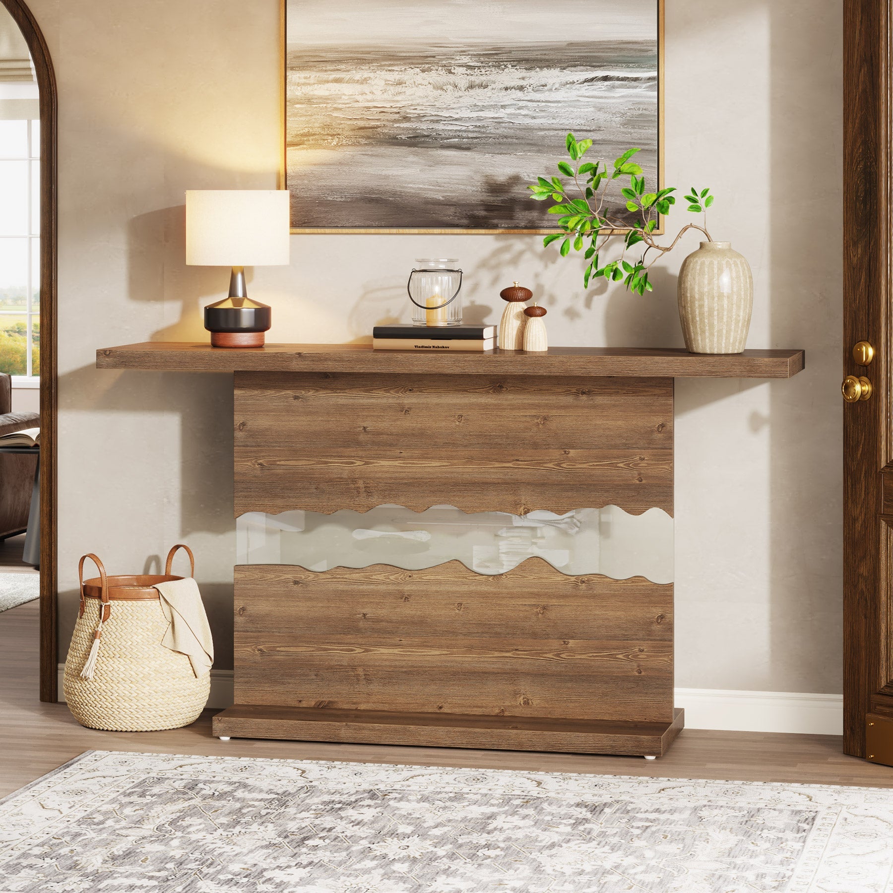 55-inch Console Table, Wood and Glass Sofa Table for Entryway