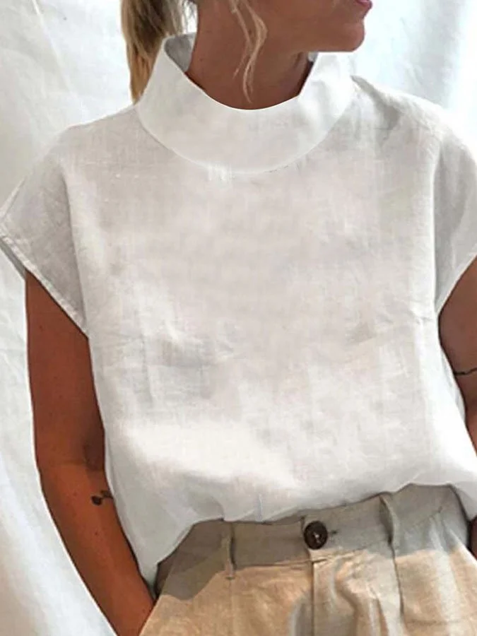 Solid Color Cotton Linen Turtleneck Shirt