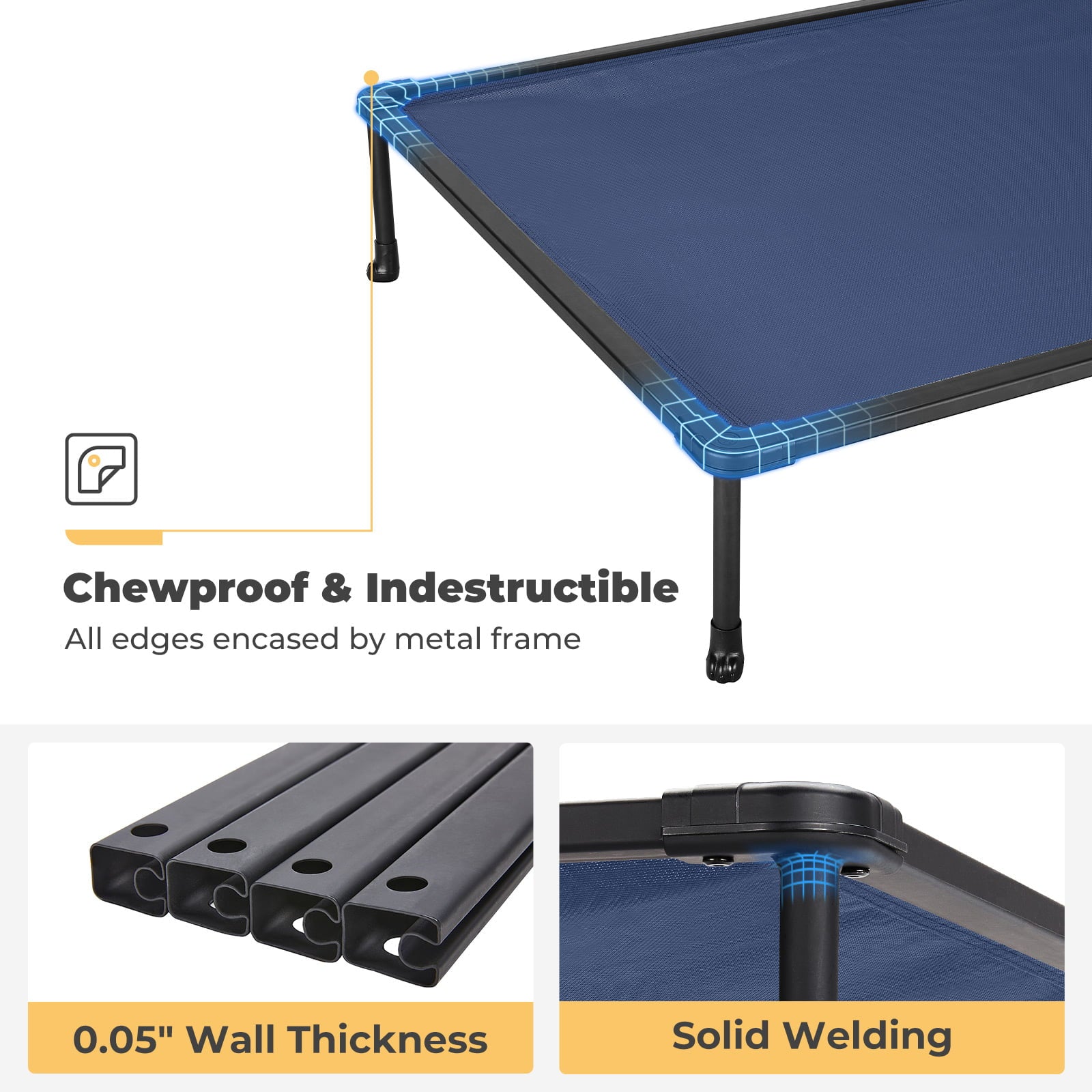 Veehoo Chewproof Dog Bed， Cooling Raised Dog Cots with Black Metal Frame， Large， Blue
