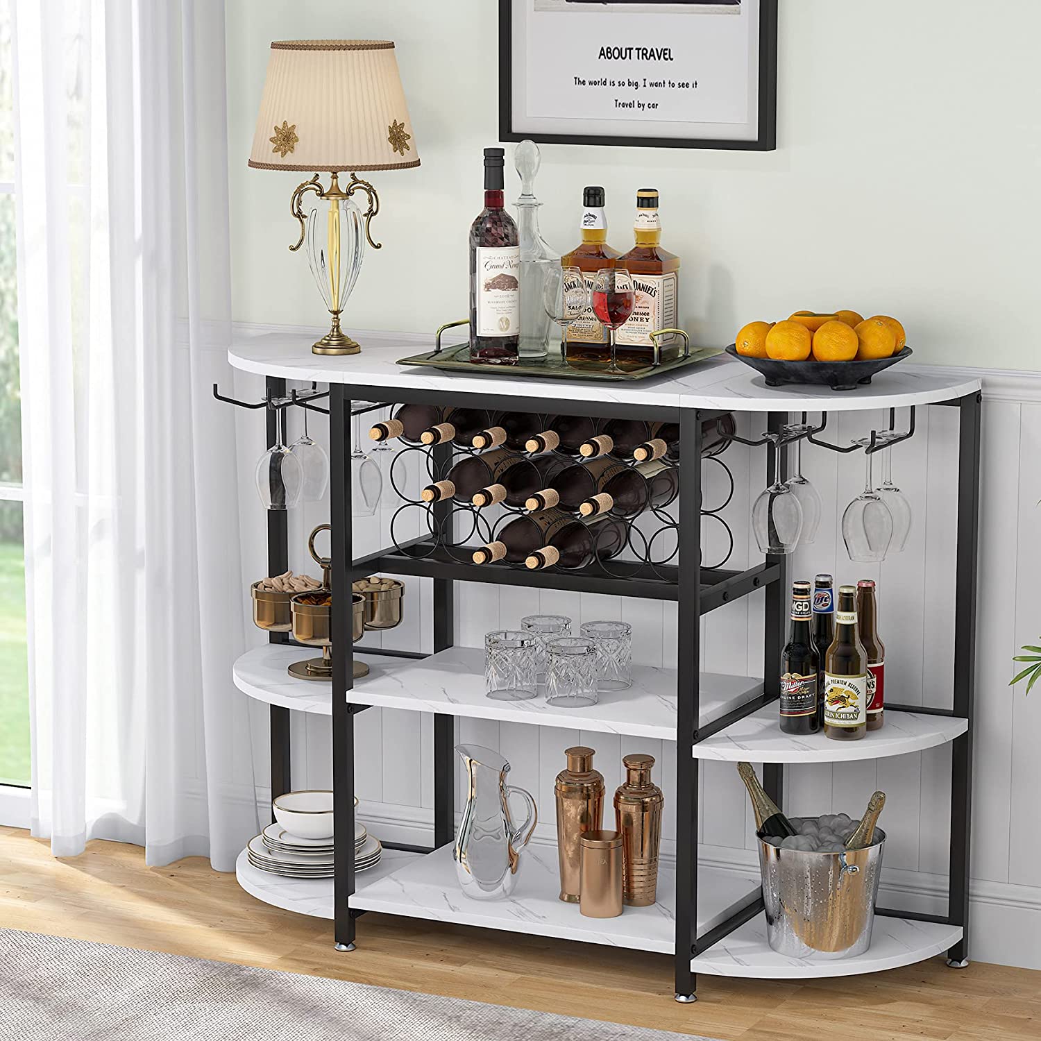 47 Inch Wine Rack, Freestanding Wine Bar Cabinet with Storage Shelves