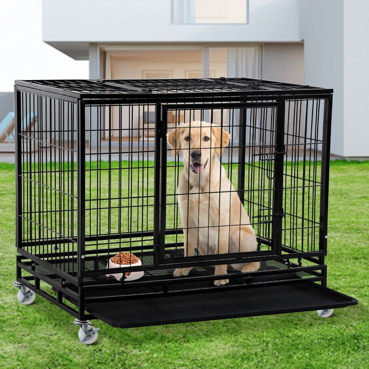 Dkelincs 42 inch Dog Cage Heavy Duty XL Dog Crate and Kennels with Wheels and Tray Dog Kennel with Double Doors for Dog Training