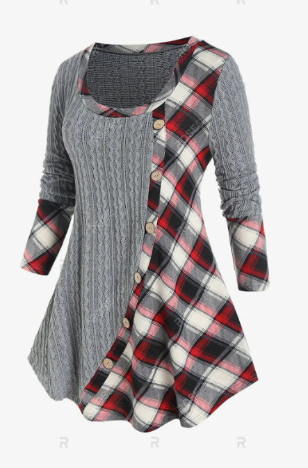 Plus Size Mixed Media Plaid Cable Knit T-shirt and Ripped Jeans Outfit