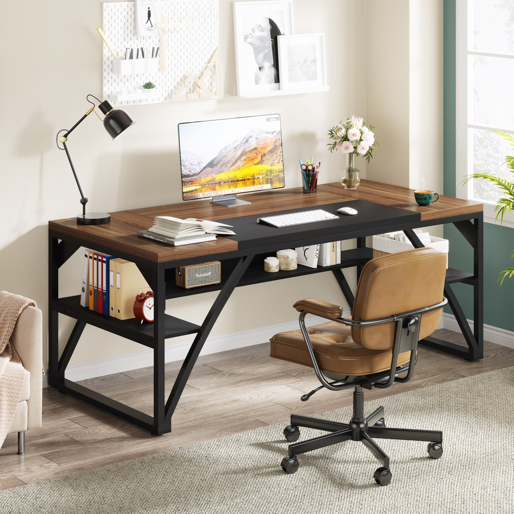 63-Inch Executive Desk, Modern Computer Desk with Storage Shelves