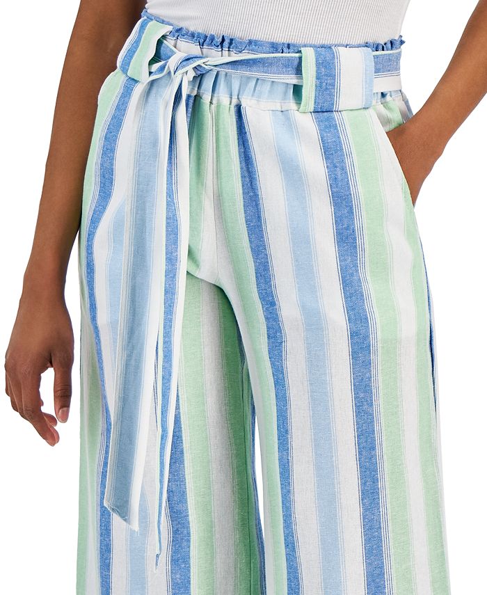Juniors' Striped Linen Paperbag Wide-Leg Pants