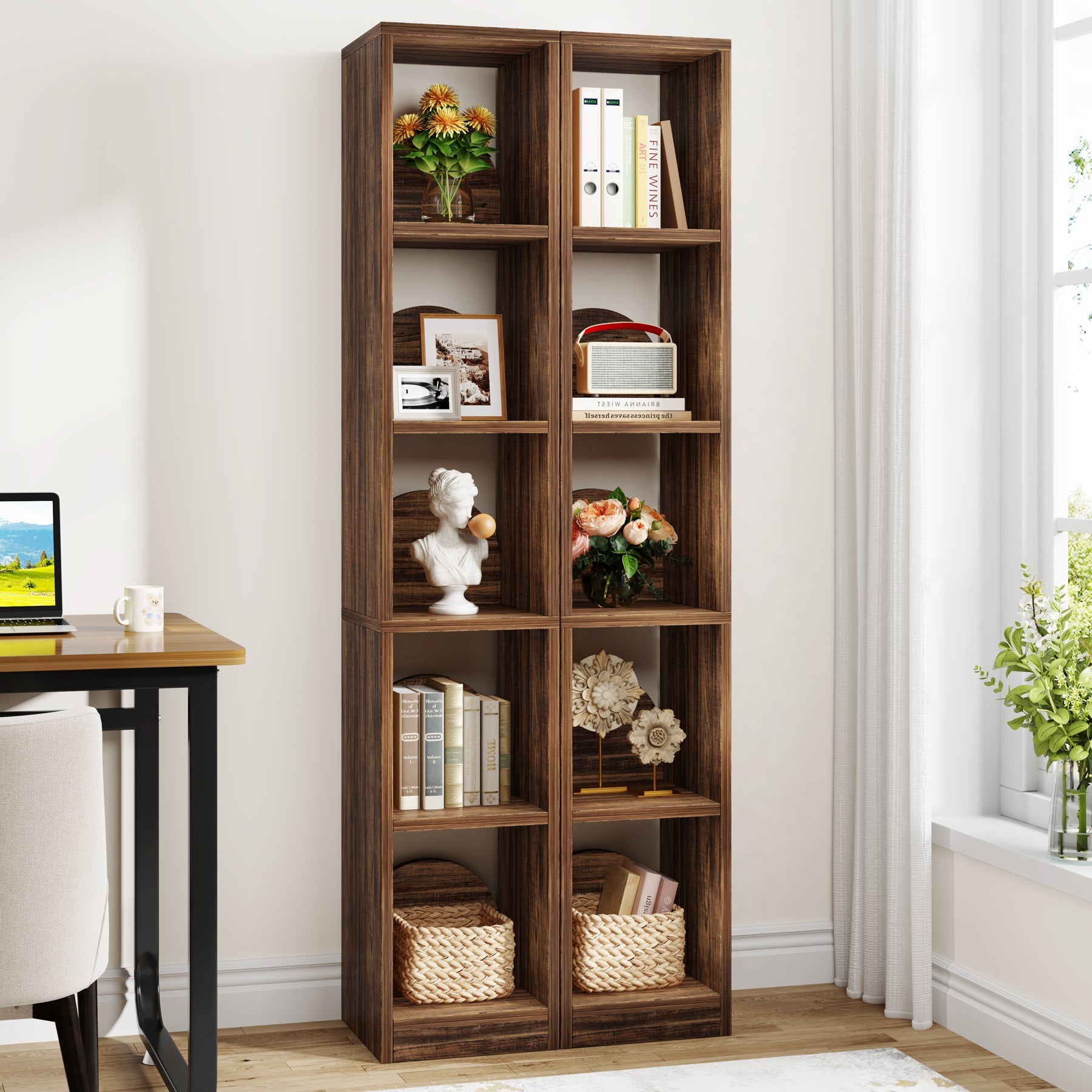 5-Tier Wood Bookcase, Tall Corner Bookshelf Narrow Display Shelf