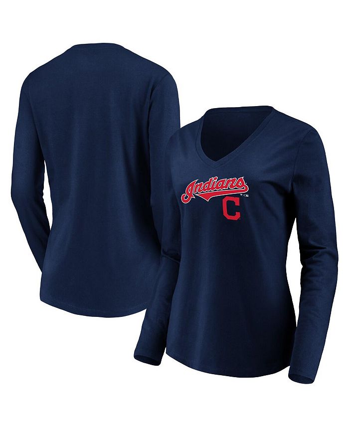 Women's Navy Cleveland Indians Core Team Lockup Long Sleeve V-Neck T-shirt