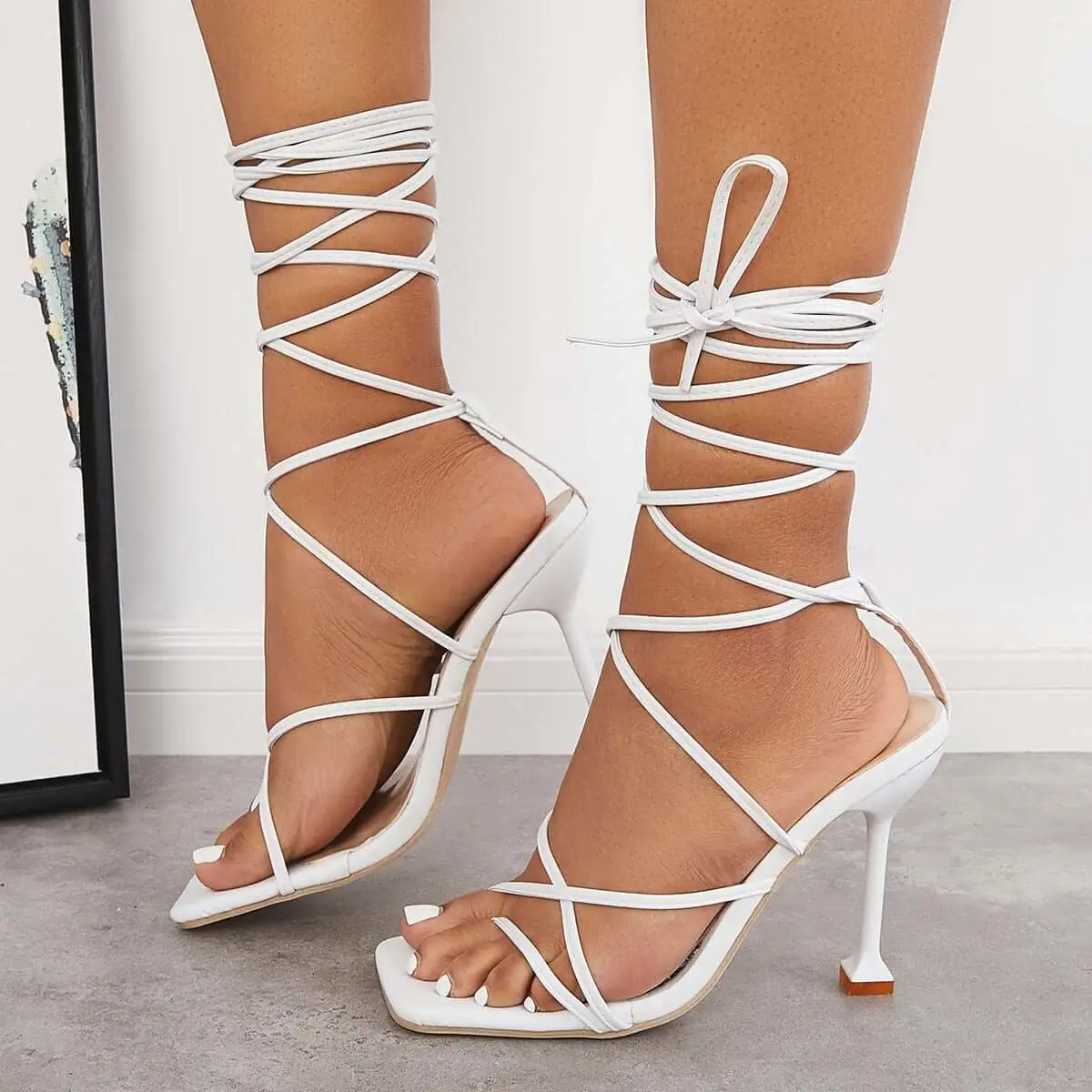 Strappy Tie Leg Stiletto High Heels Lace Up Toe Ring Sandals