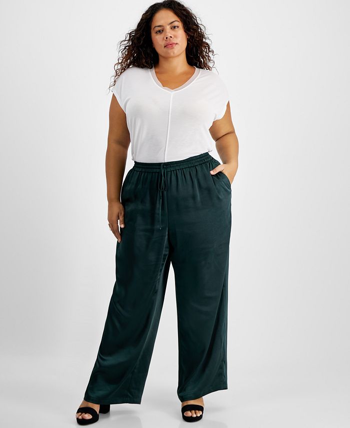 Plus Size Washed Satin Pull-On Wide-Leg Pants， Created for Macy's
