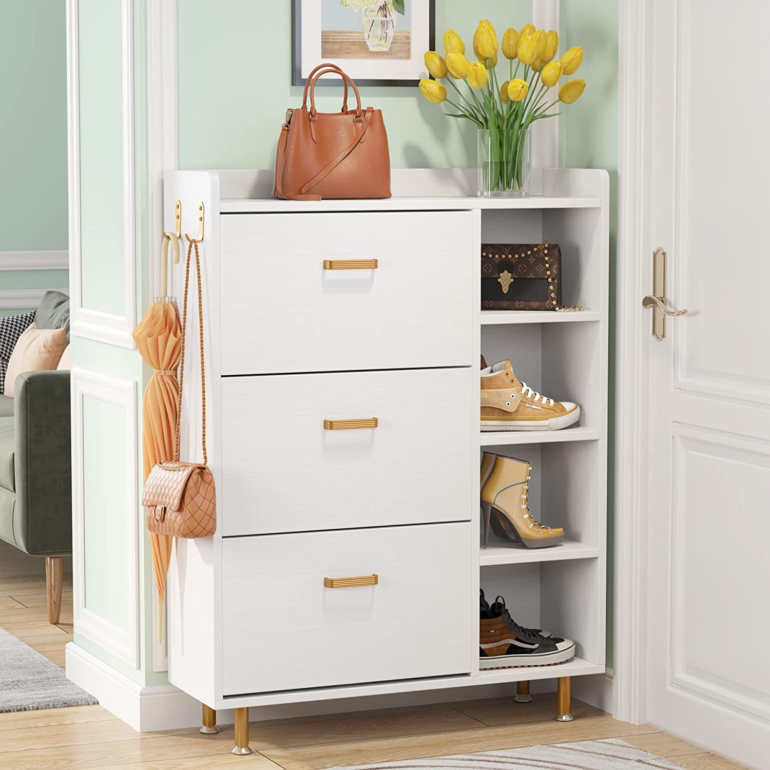 Wooden Shoe Cabinet, Freestanding Shoe Rack with 3 Flip Drawers & 5 shelves