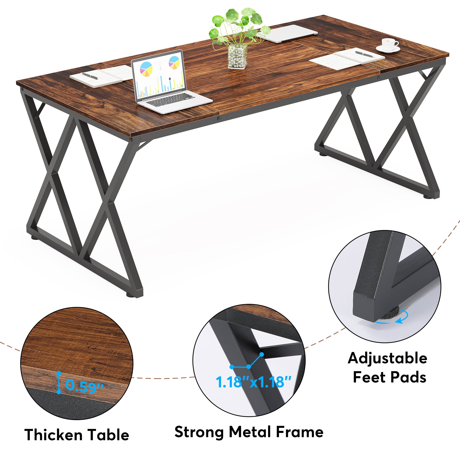 6FT Conference Table, Rectangular Meeting Table Seminar Desk with Metal Frame