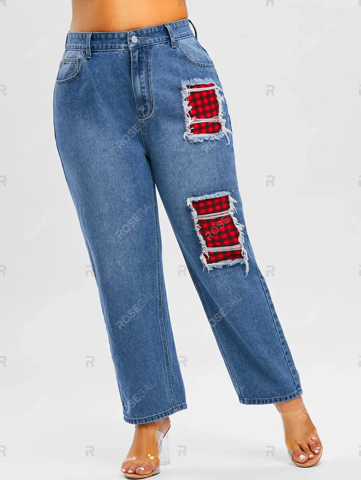 Plaid Button Up Shirt and Distressed Mom Jeans Plus Size Outfit - Red