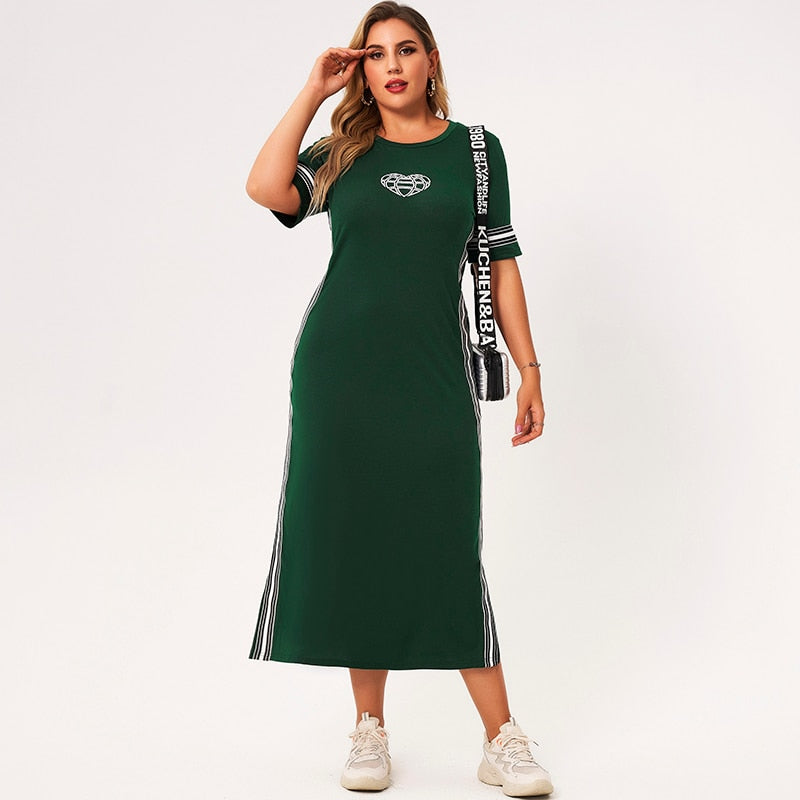 2021 New Summer Dress Women Green Splicing Striped O-neck Short Sleeve Slim Casual College Plus Size Dresses With Heart-Shaped