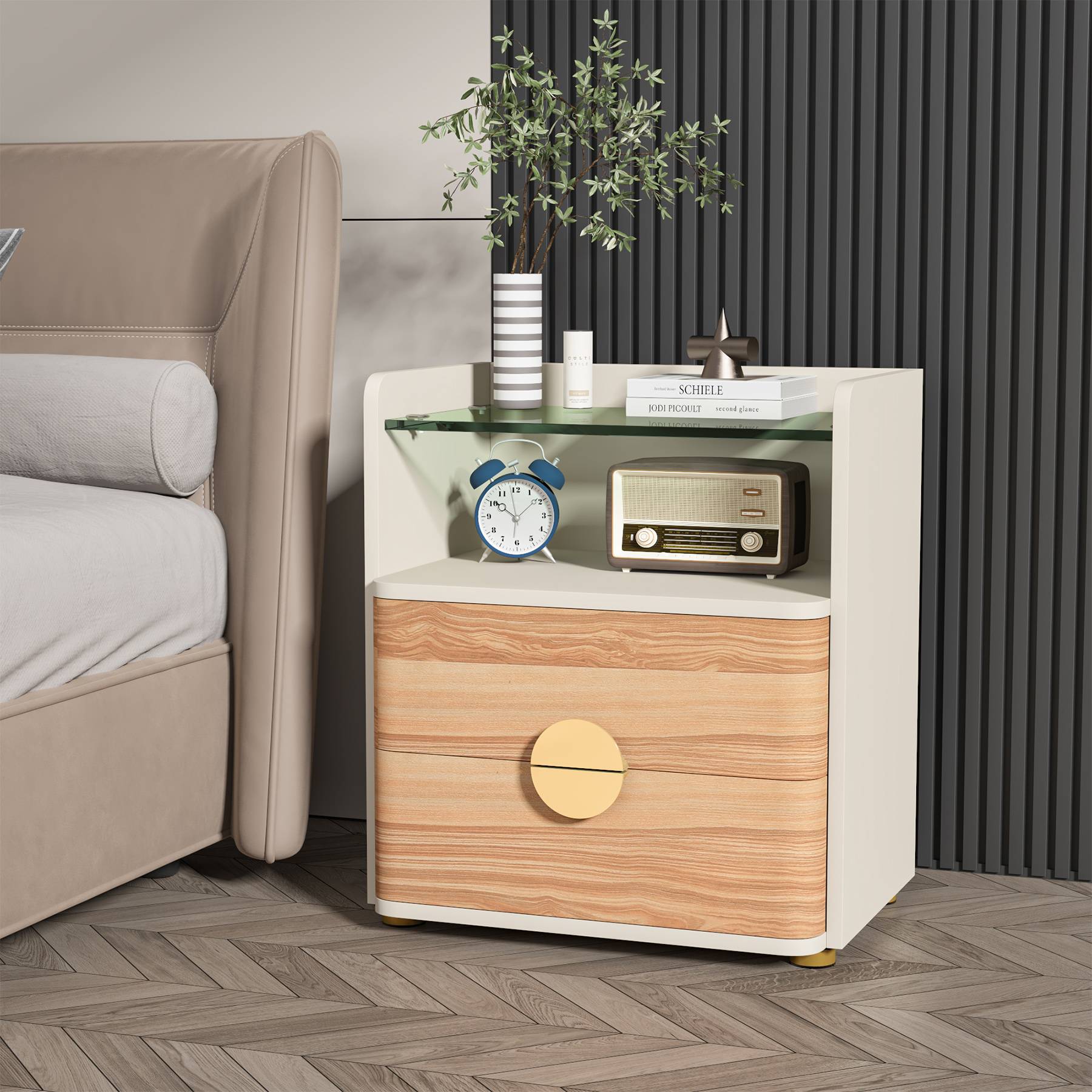 2-Drawer Nightstand, Modern Bedside Table with Open Storage