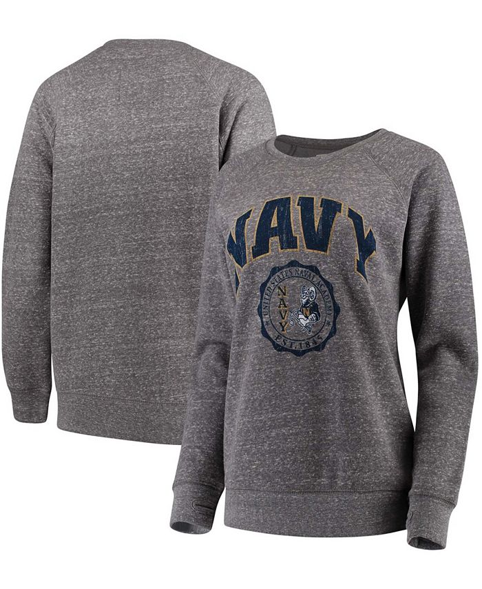 Women's Heathered Gray Navy Midshipmen Edith Vintage-Like Knobi Pullover Sweatshirt