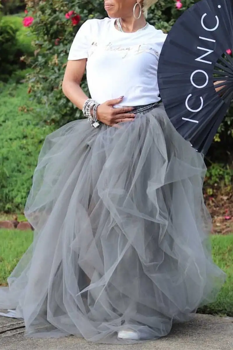 Plus Size Elegant Solid Hi-Slit Tulle Skirt
