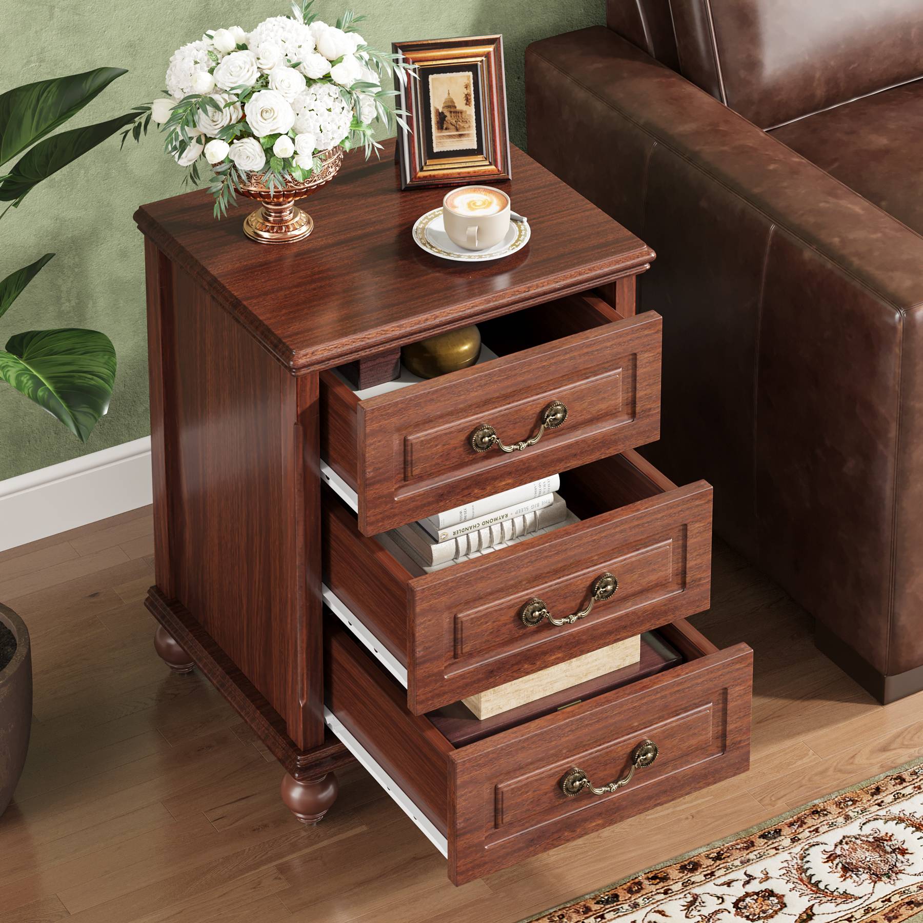 Wood Nightstand, Traditional Bedside Table End Table with 3 Drawers