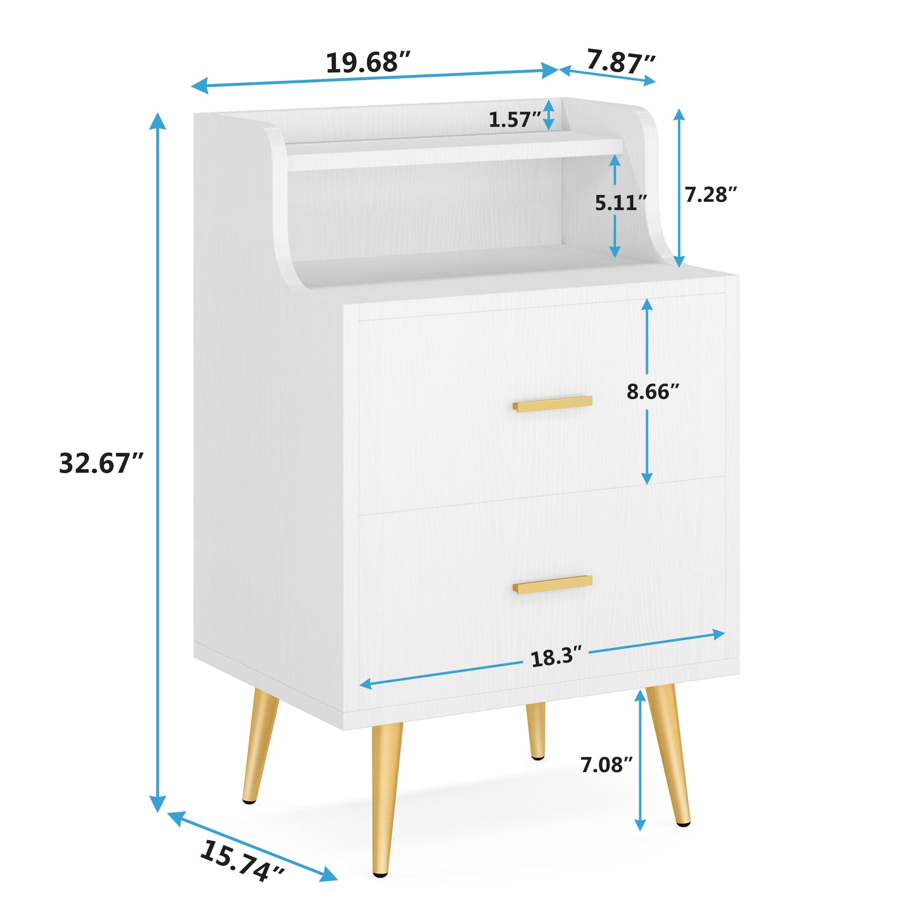 White Nightstand, Modern Bedside Table with 2 Drawers