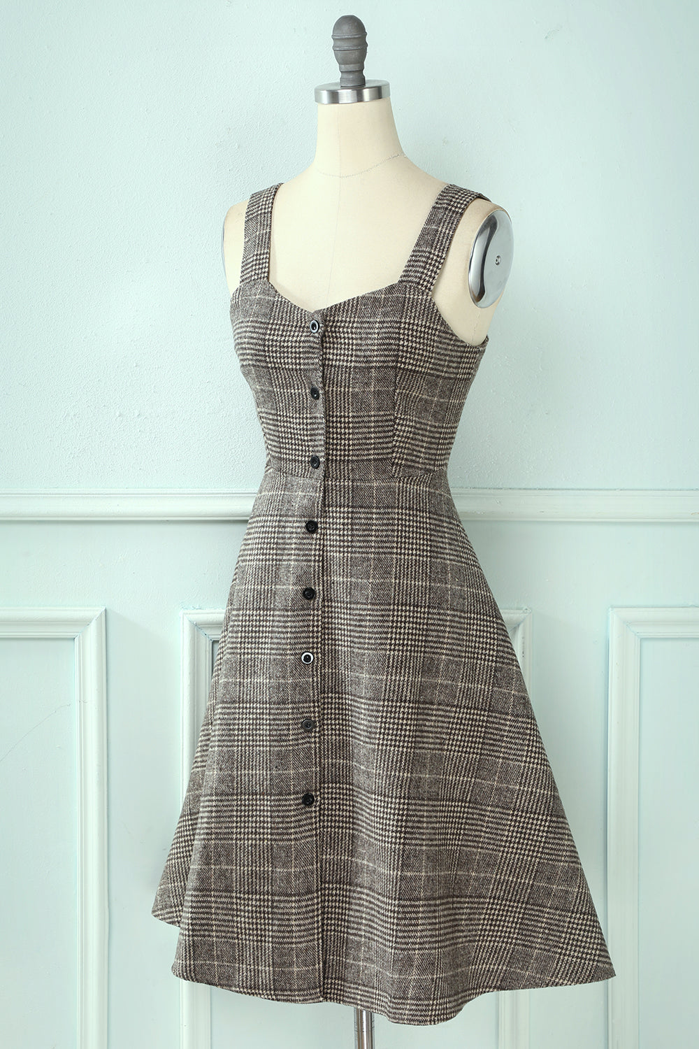 Straps Plaid Vintage Dress with Buttons