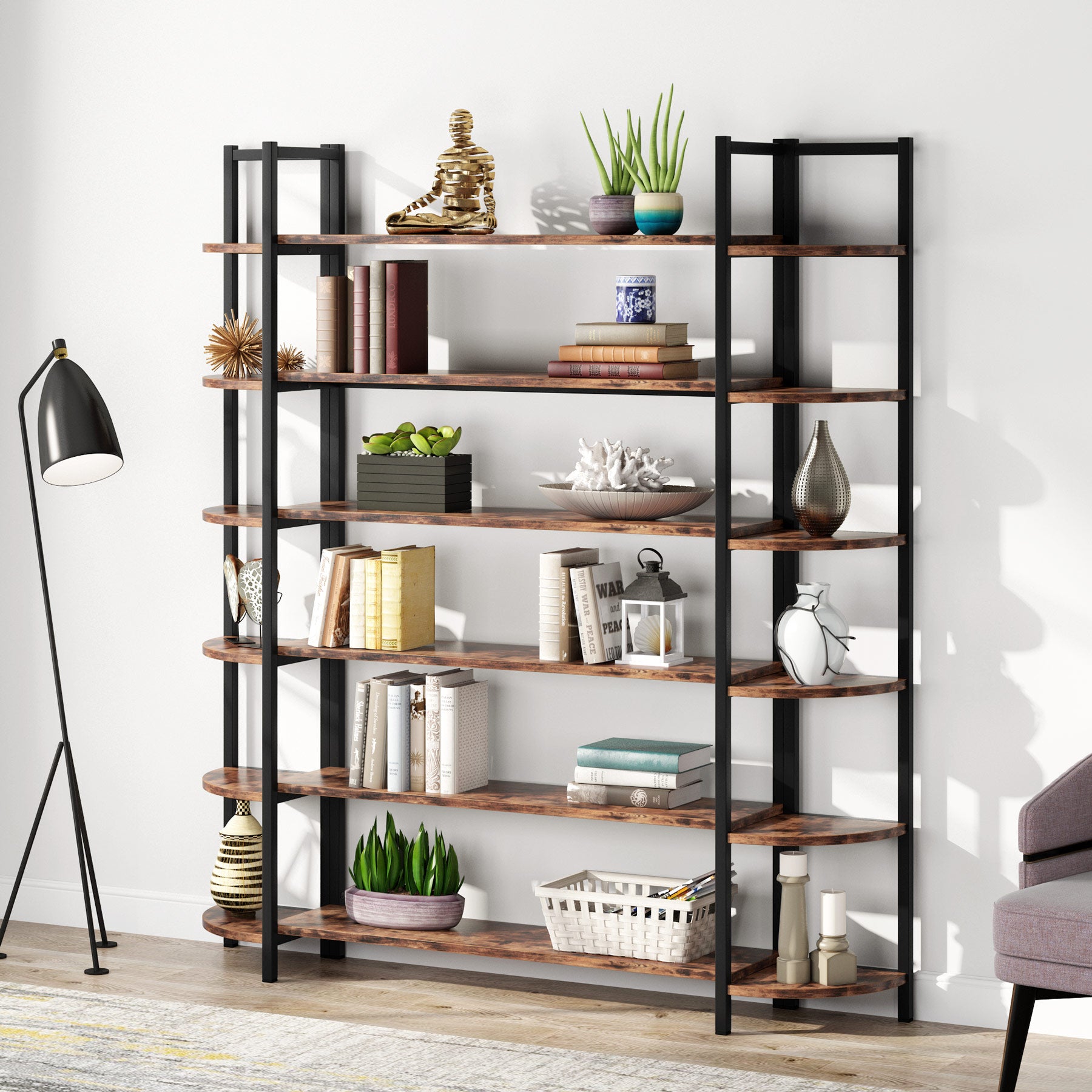 Triple Wide 6-Shelf Bookshelf, 6-Tier Large Etagere Bookcase