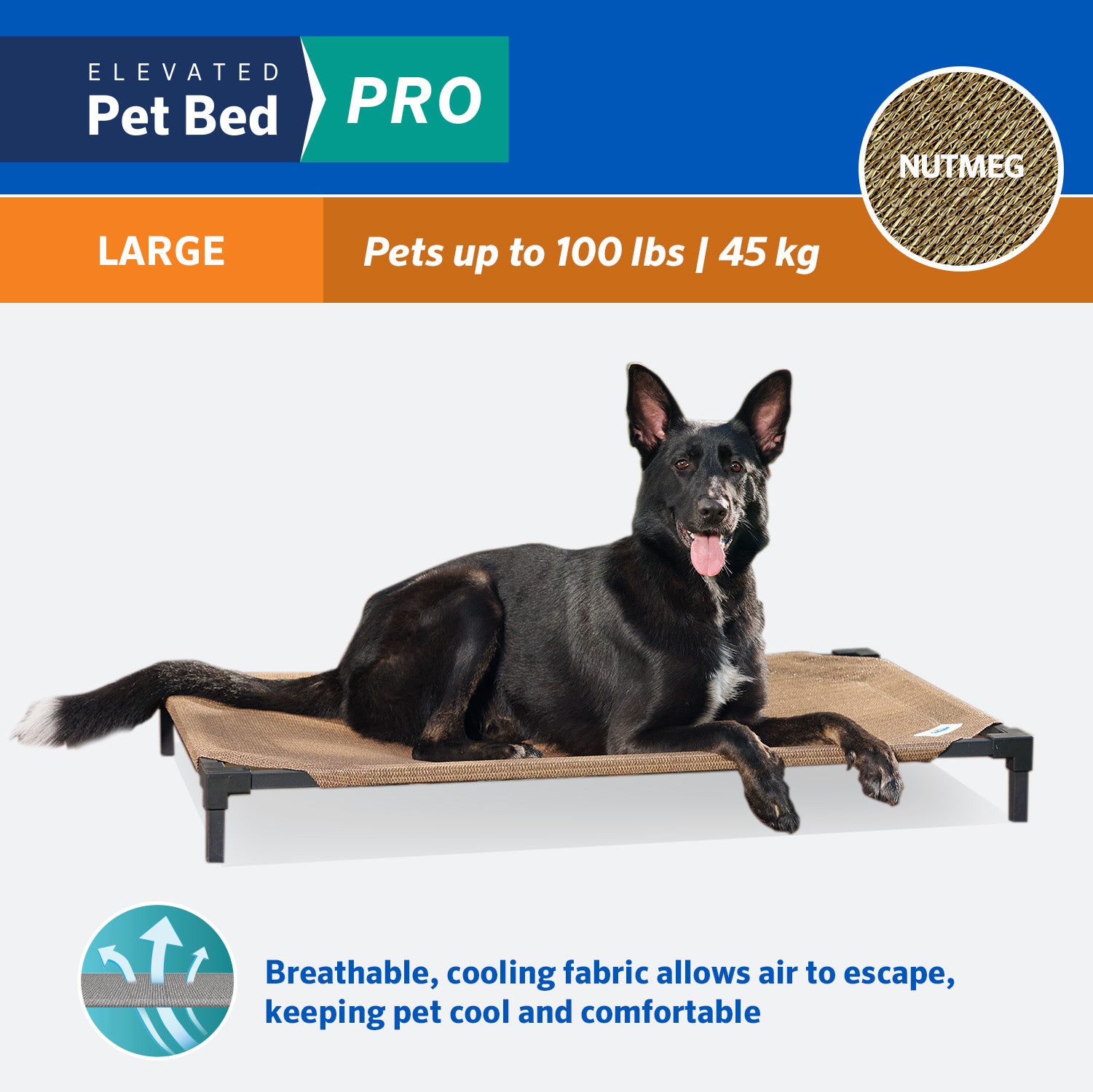 Coolaroo Cooling Elevated Dog Bed Pro， Large， Fits in 48in Crates， Nutmeg