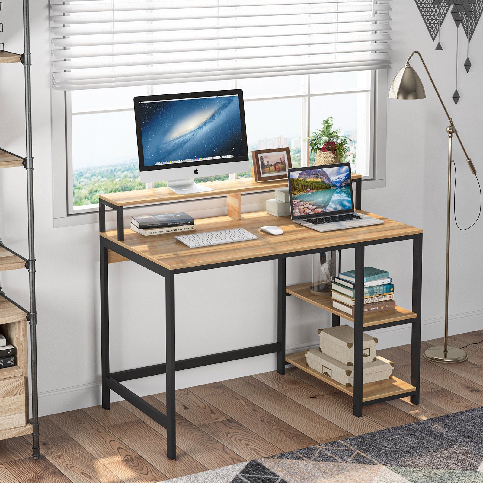 Industrial Computer Desk, Writing Desk with Shelves for Study