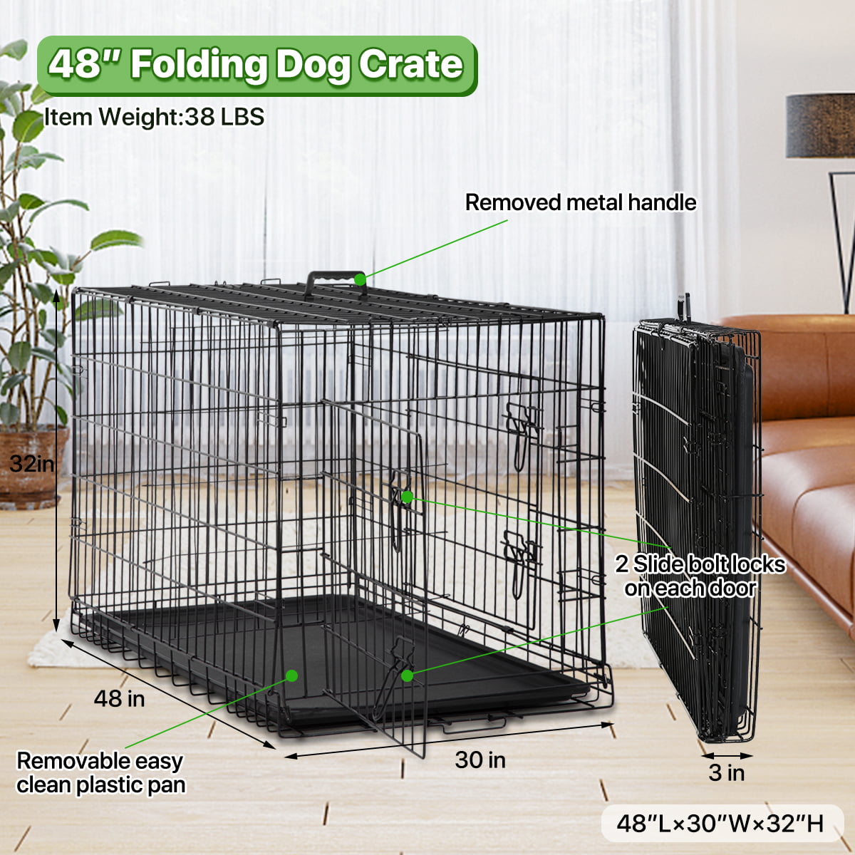 Dkelincs 48 inch Dog Crate Folding XXL Large Dog Cage Dog Kennels and Crates for Large Dogs Pet Animal Segregation Cage with Divider， Plastic Tray， Double-Door， Handle for German Shepherd and Big Dogs
