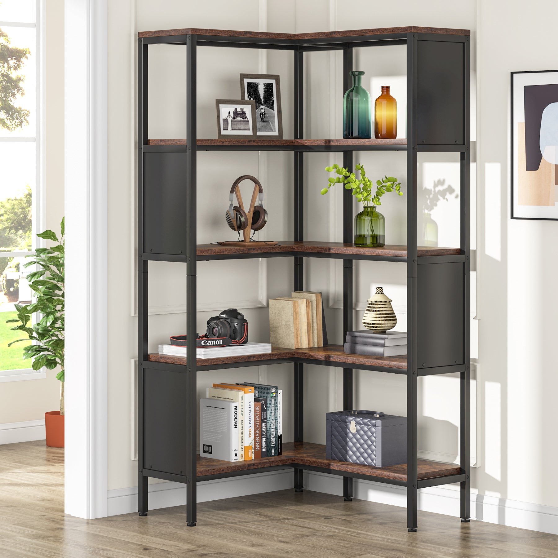 5-Tier Corner Bookshelf, Industrial L-Shaped Bookcase with Safety Baffles