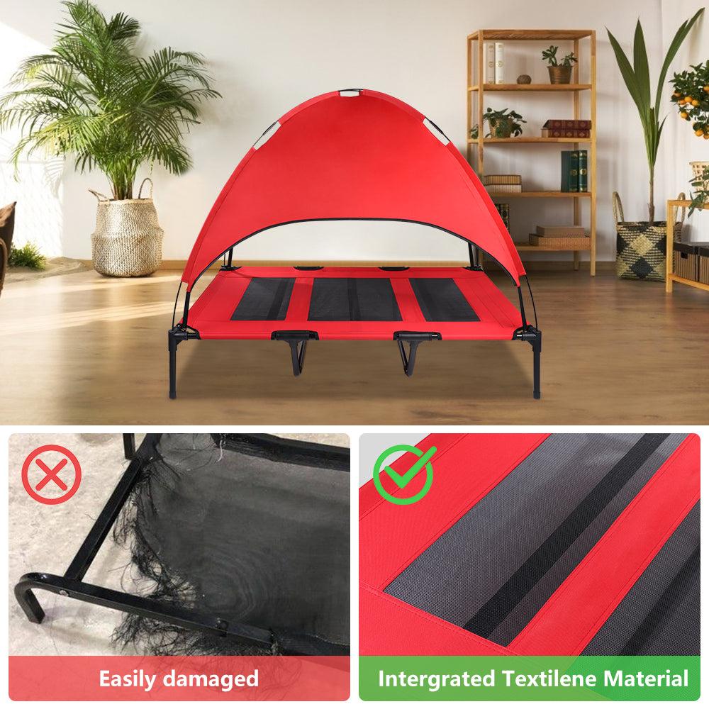 SMONTER Elevated Dog Bed with Canopy， Outdoor Pet Cot with Removable Canopy Shade， Portable Raised Dog Bed with Stable Frame and Breathable Mesh for Small， Medium， Large Dogs， Extra Large， Red