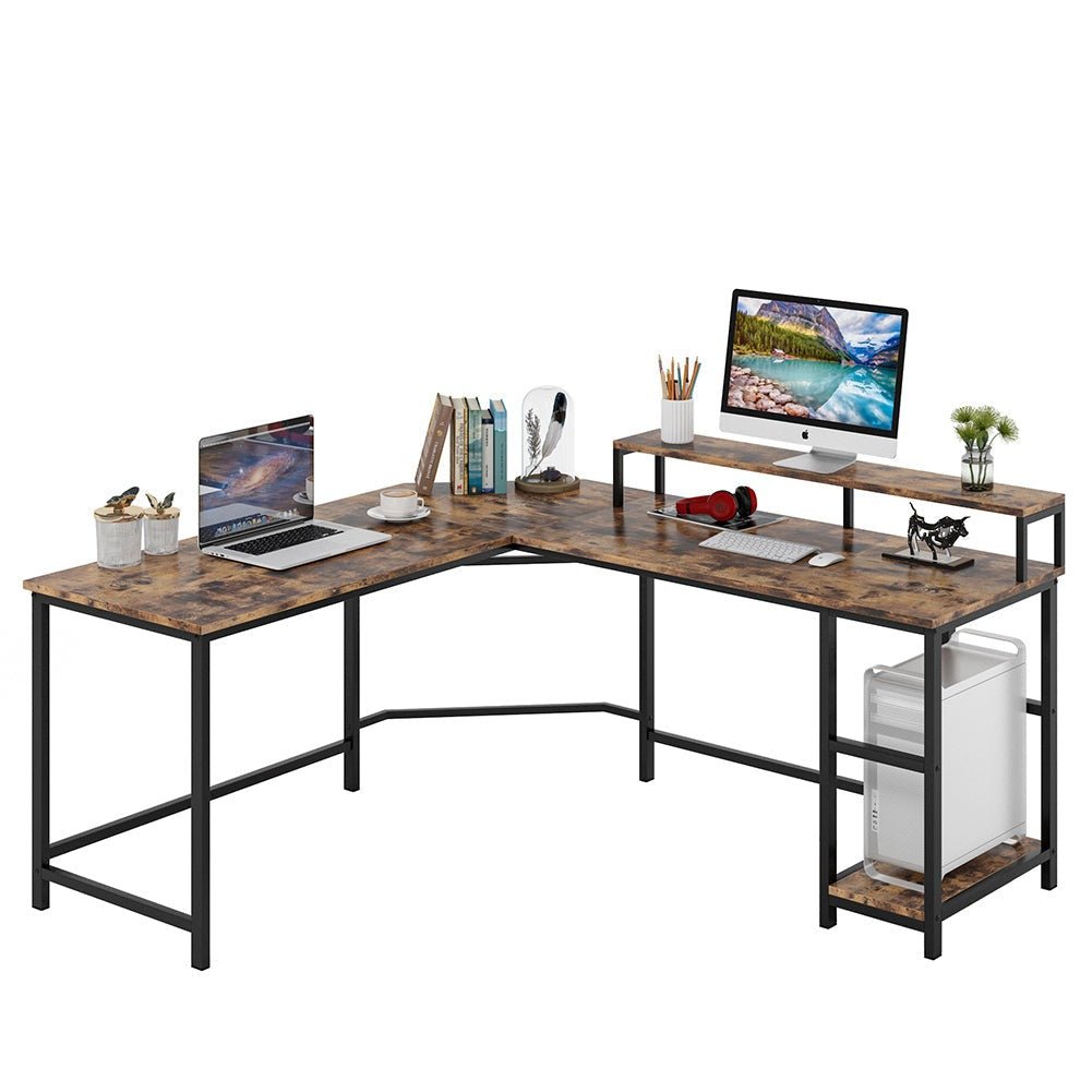 Industrial L-Shaped Desk, Corner Computer Desk with Monitor Stand & Shelves