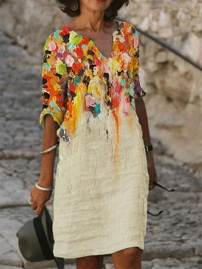 Women's Cotton Linen Oil Painting Print V-Neck Shift Dress