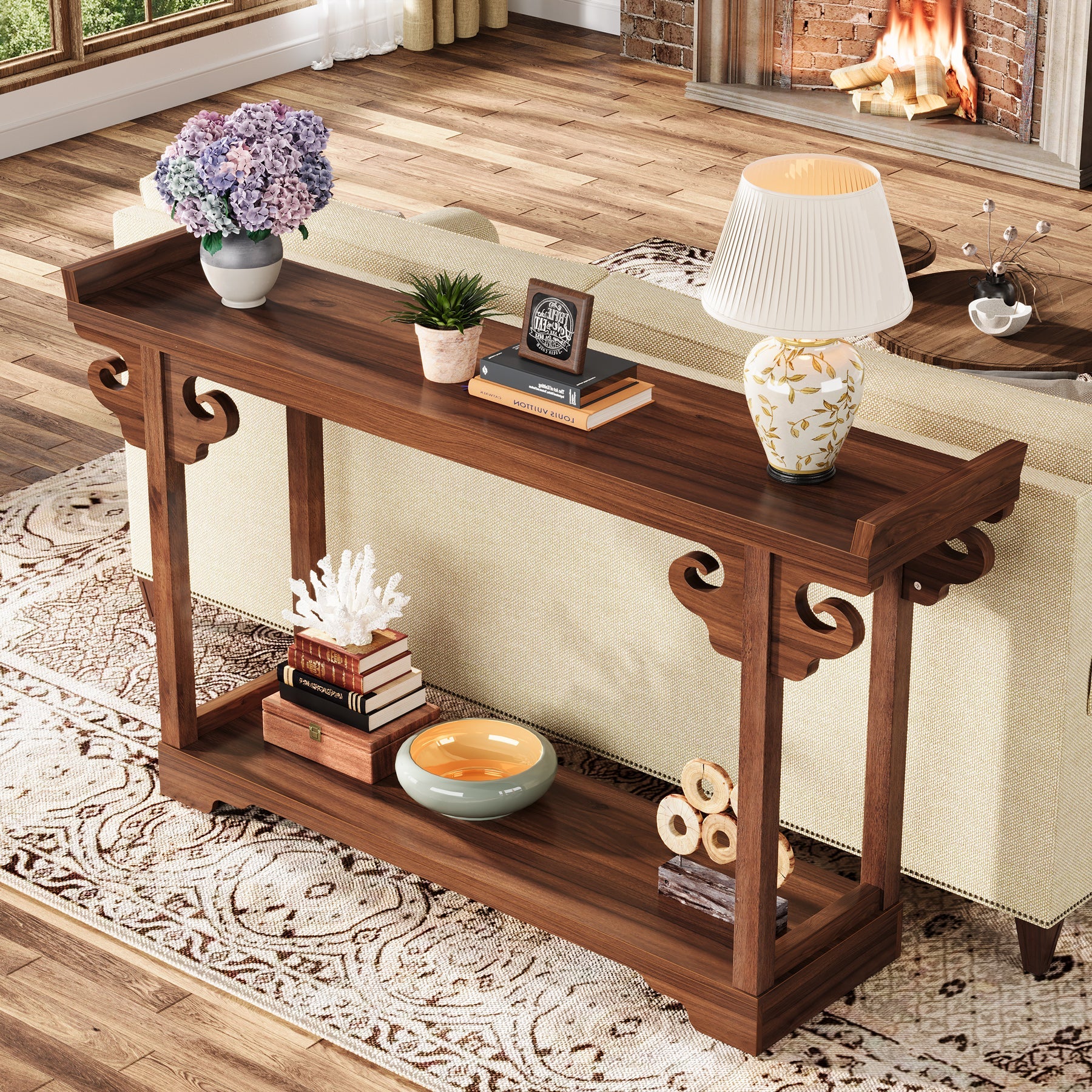 55 Inches Console Table, Farmhouse Sofa Table with 2-Tier Storage Shelves