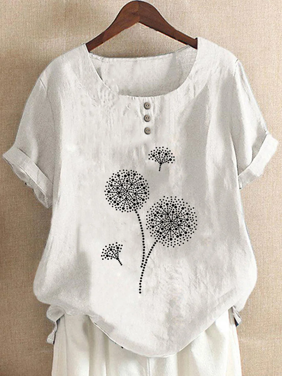 Round Neck Casual Loose Dandelion Print Short-sleeved Blouse