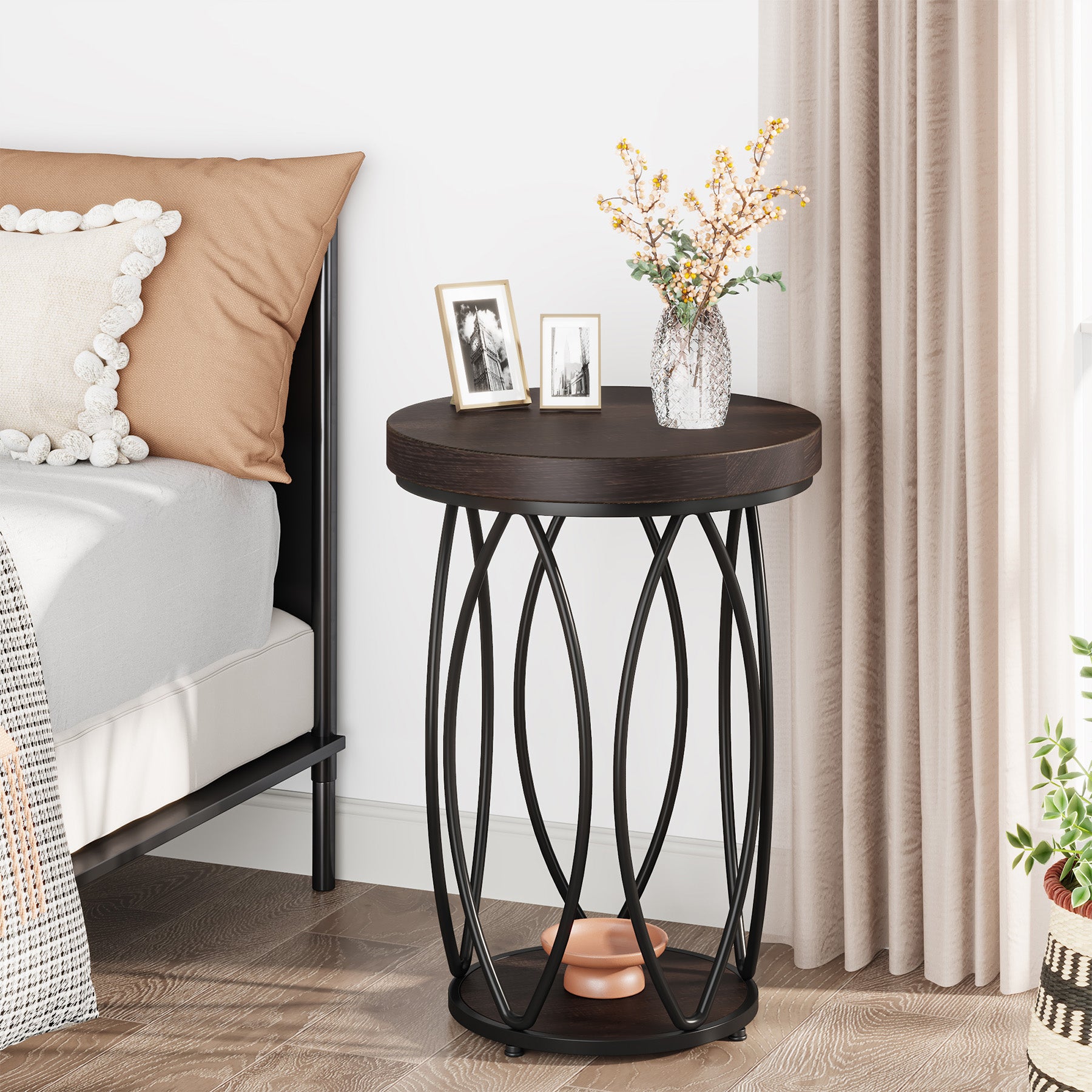 Round End Table, Industrial Accent Side Table with Storage Shelf