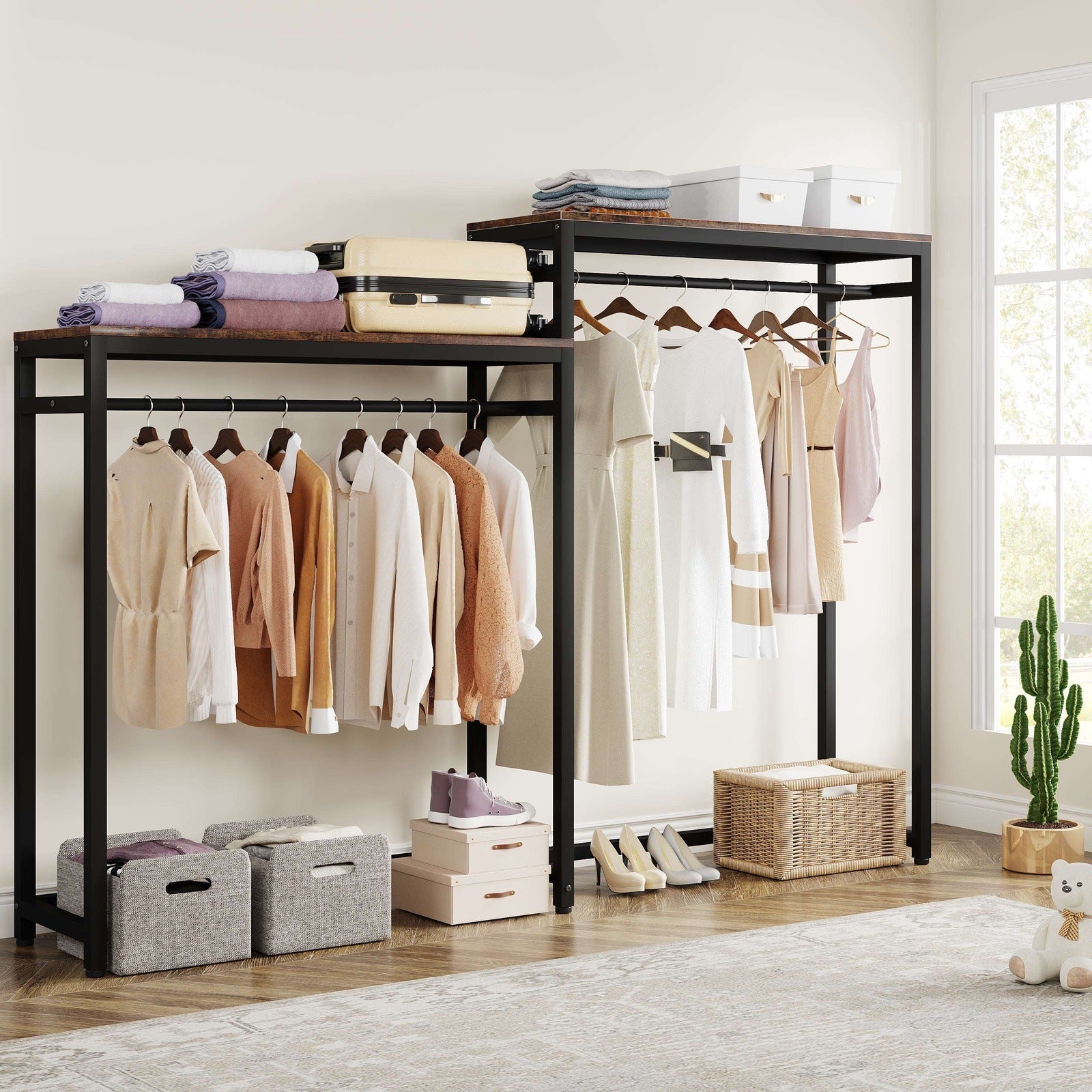 Freestanding Closet Organizer with Shelves and Double Hanging Rod