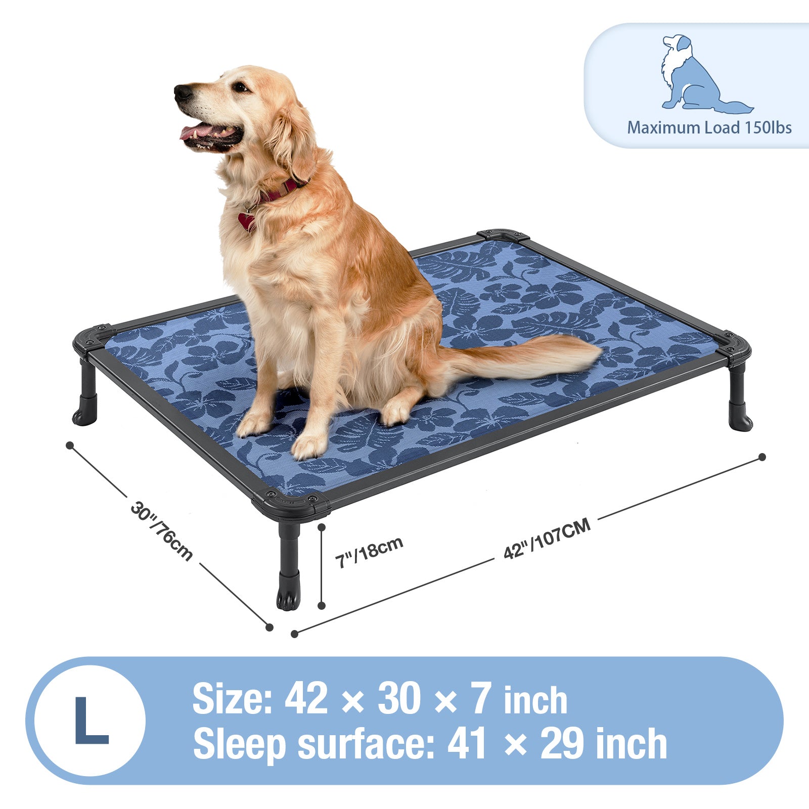 Veehoo Chew Proof Dog Bed， Rustless Aluminum Frame and Textilene Mesh Fabric， Blue Print， Large