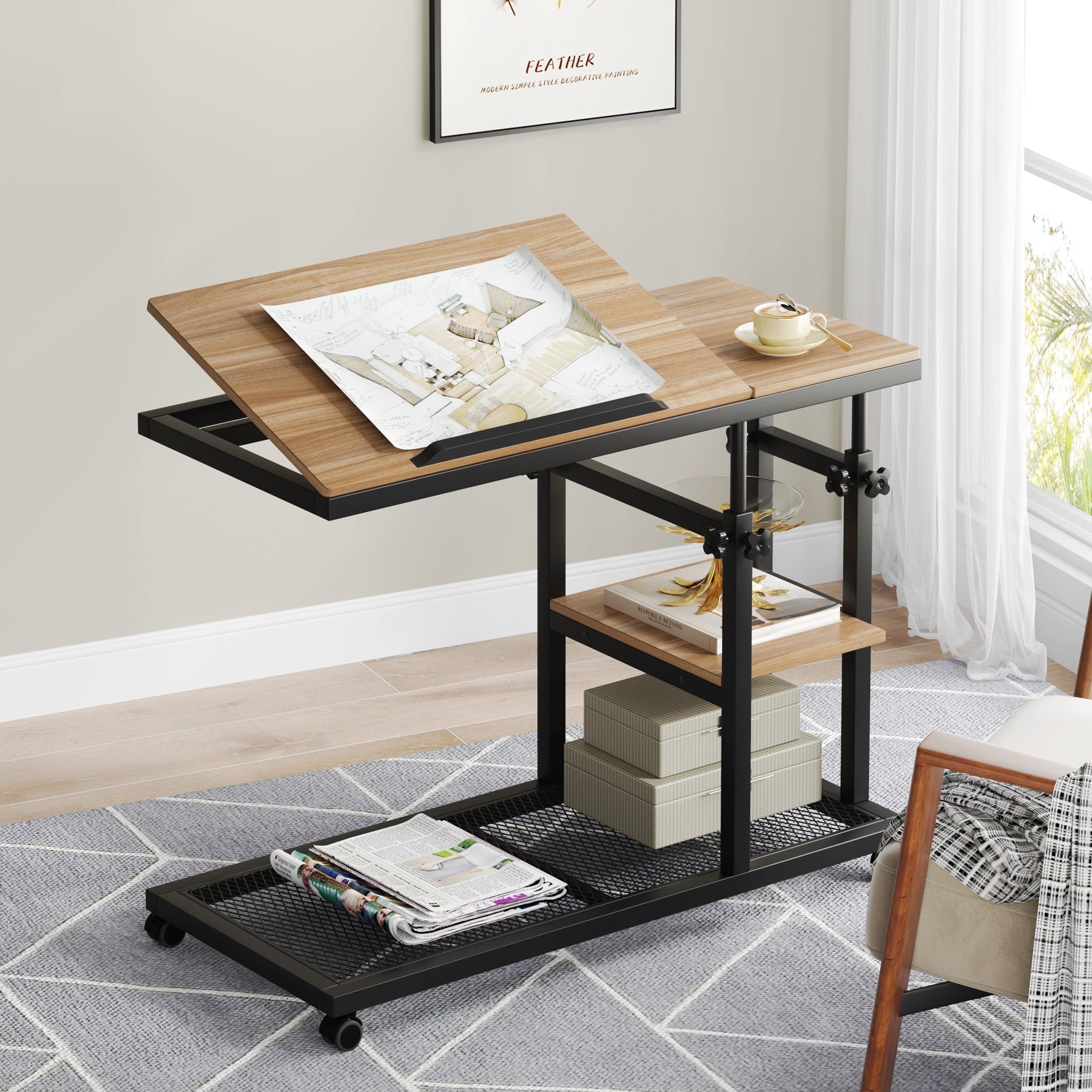 Mobile C Table, Height Adjustable Snack Tray Table with Wheels