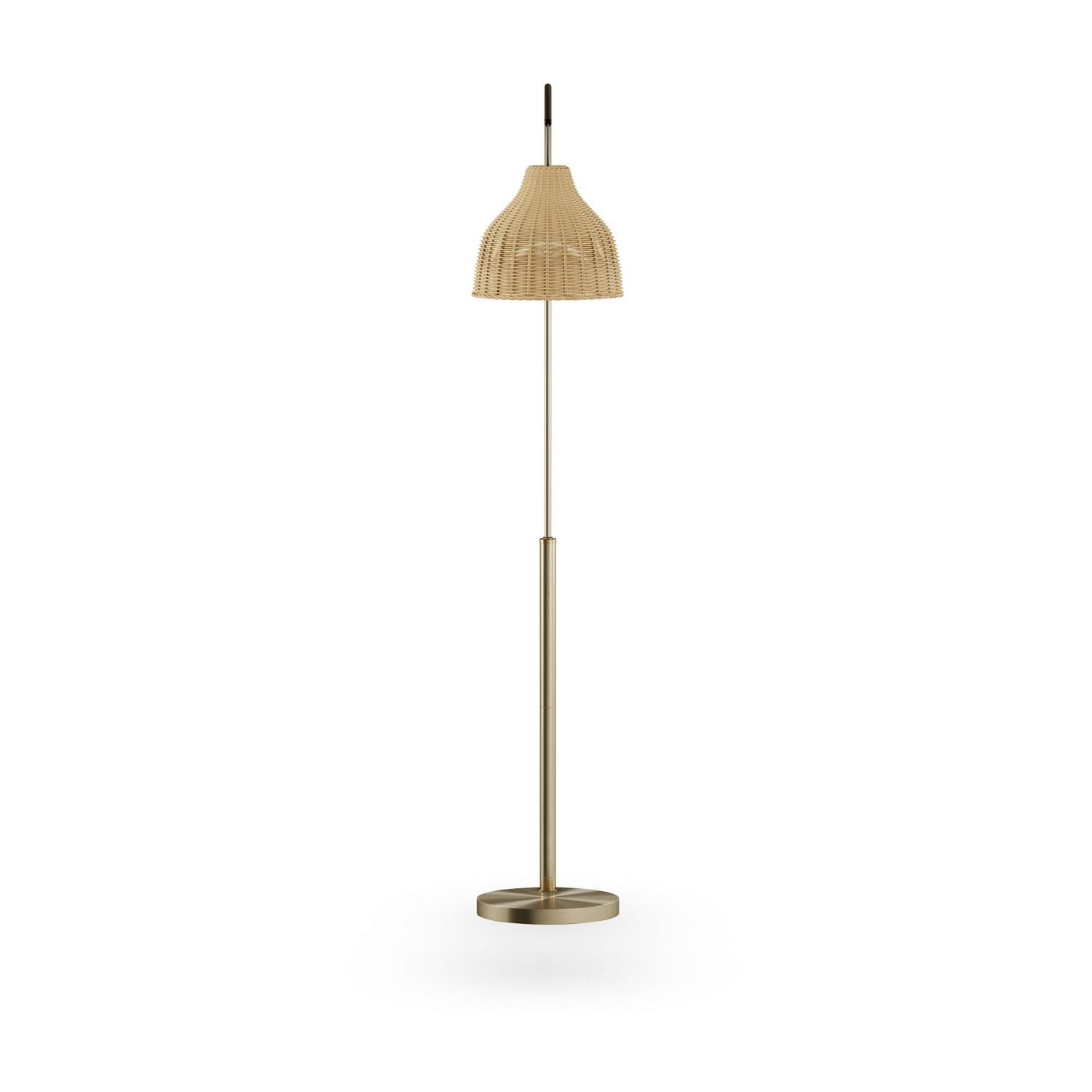 Arch Floor Lamp with Rattan Shade by Drew Barrymore Flower Home， Antique Brass