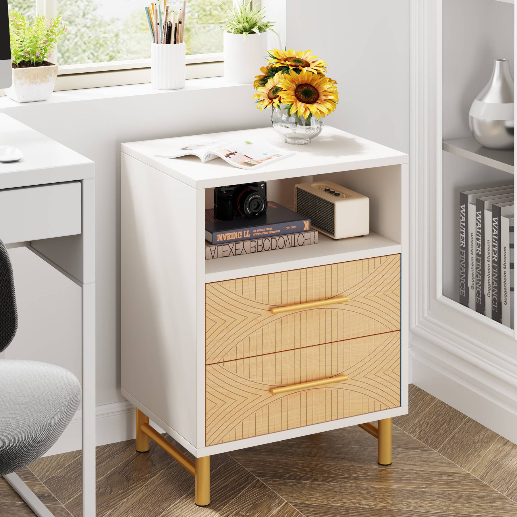 2-Drawer Nightstand, LED Bedside Table with Open Storage