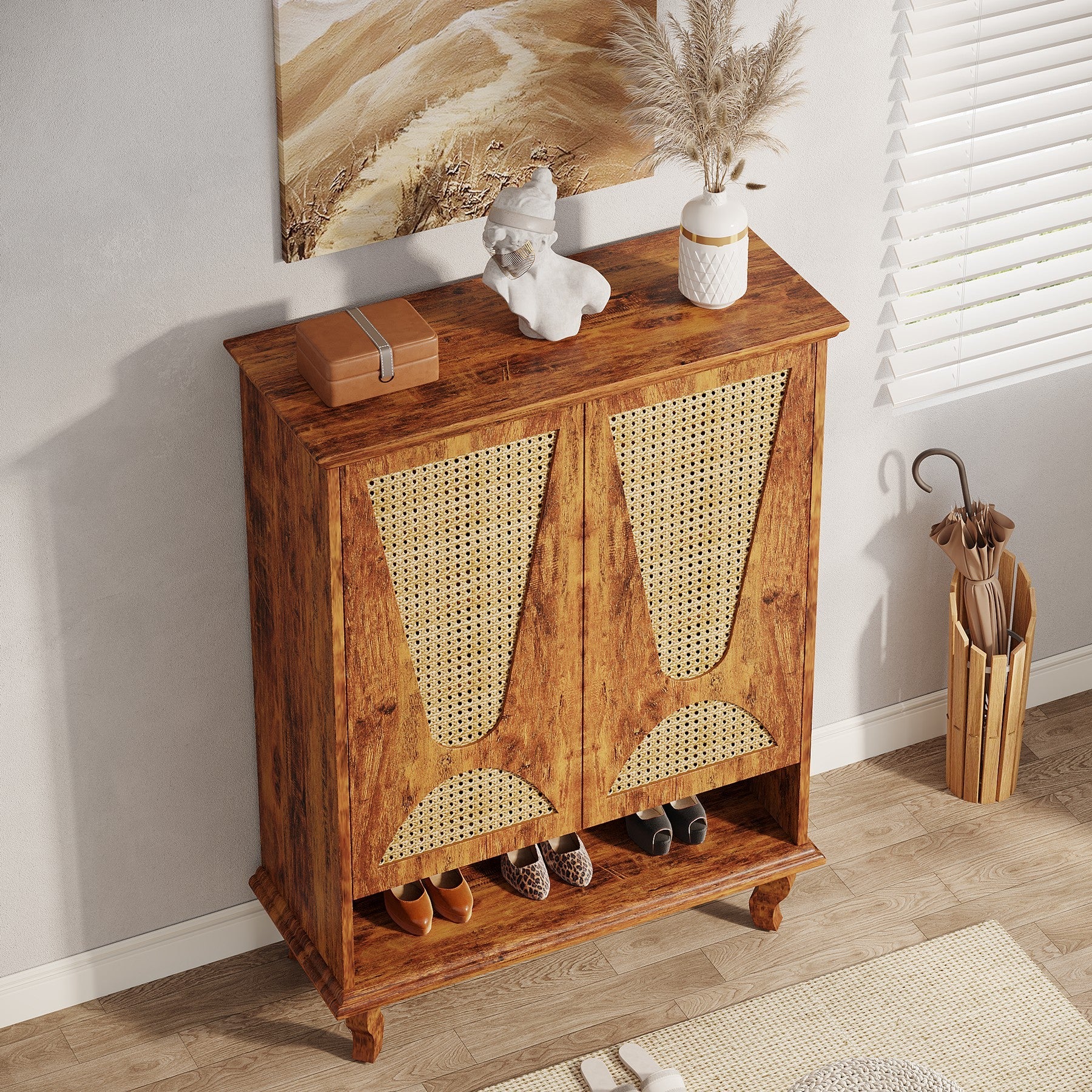 Rattan Shoe Cabinet, 5-Tier Hidden Shoe Rack with Ventilated Doors