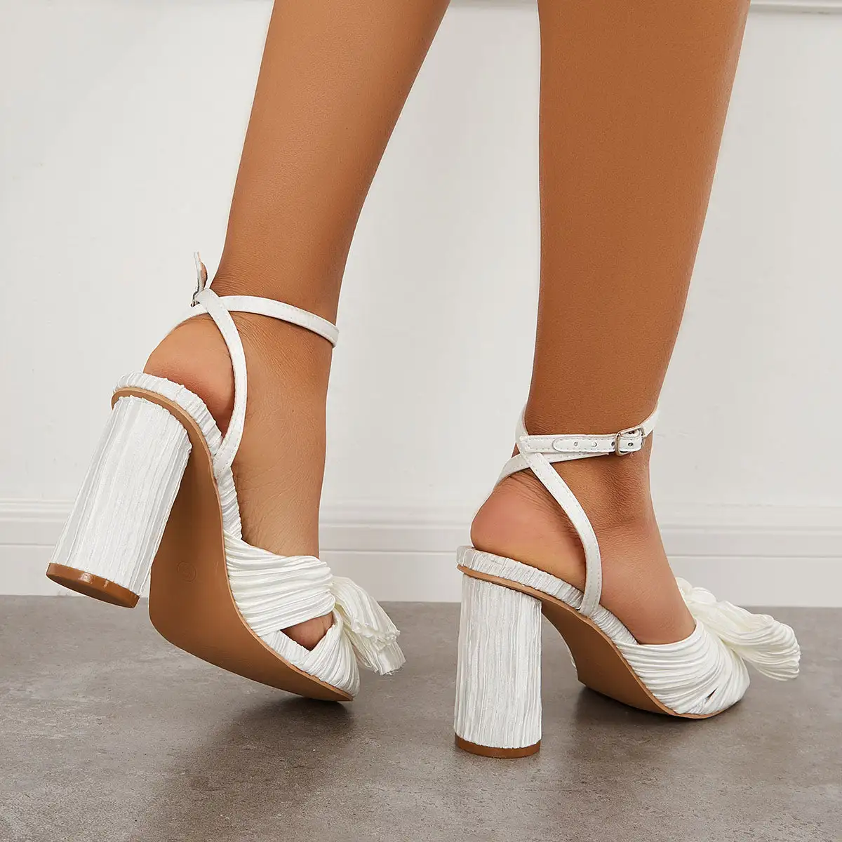 Pleated Bowknot Block Chunky Bridal Heels Ankle Strap Sandals