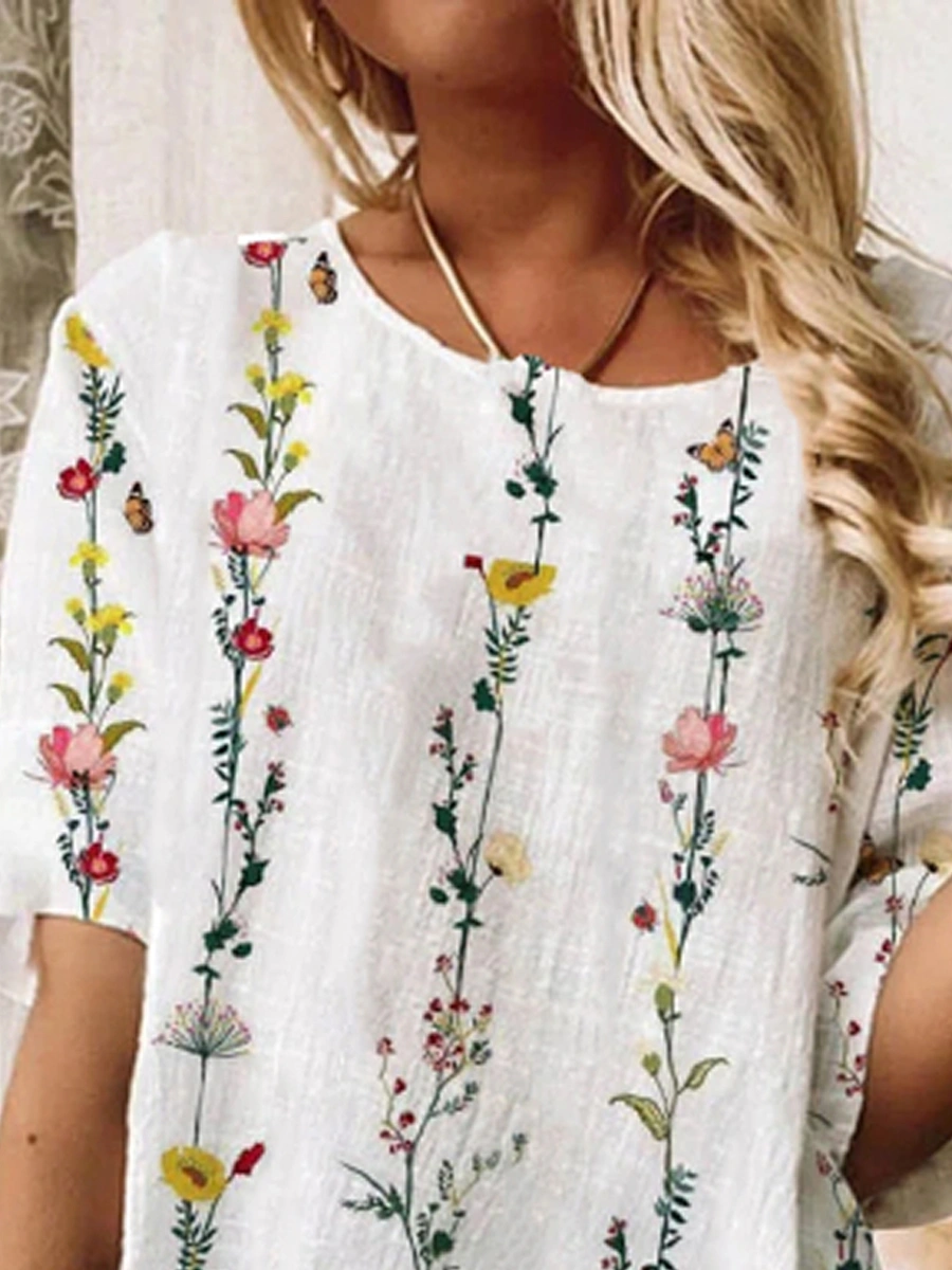 Casual Floral Print Crew Neck Short Sleeve Loose Blouse
