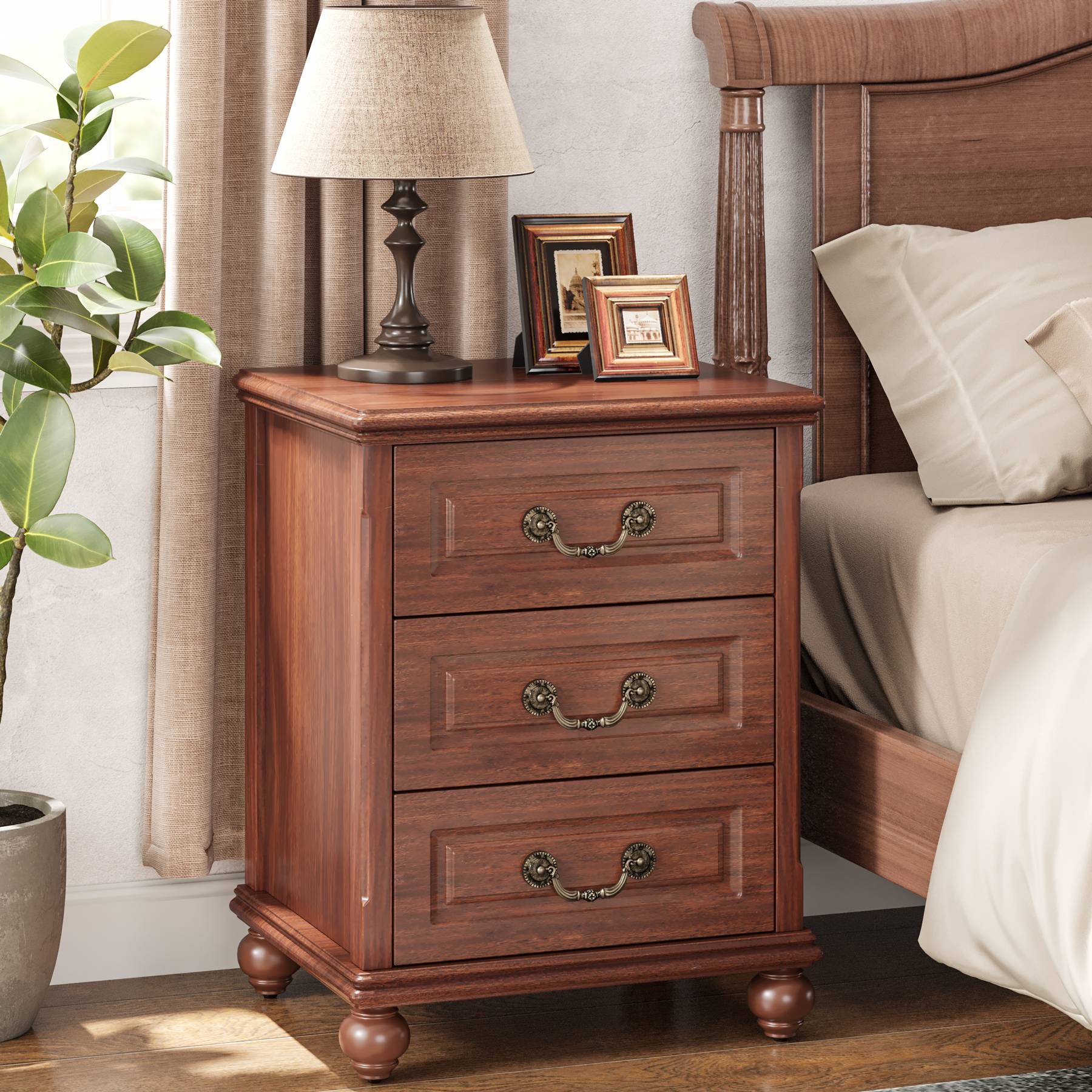 Wood Nightstand, Traditional Bedside Table End Table with 3 Drawers